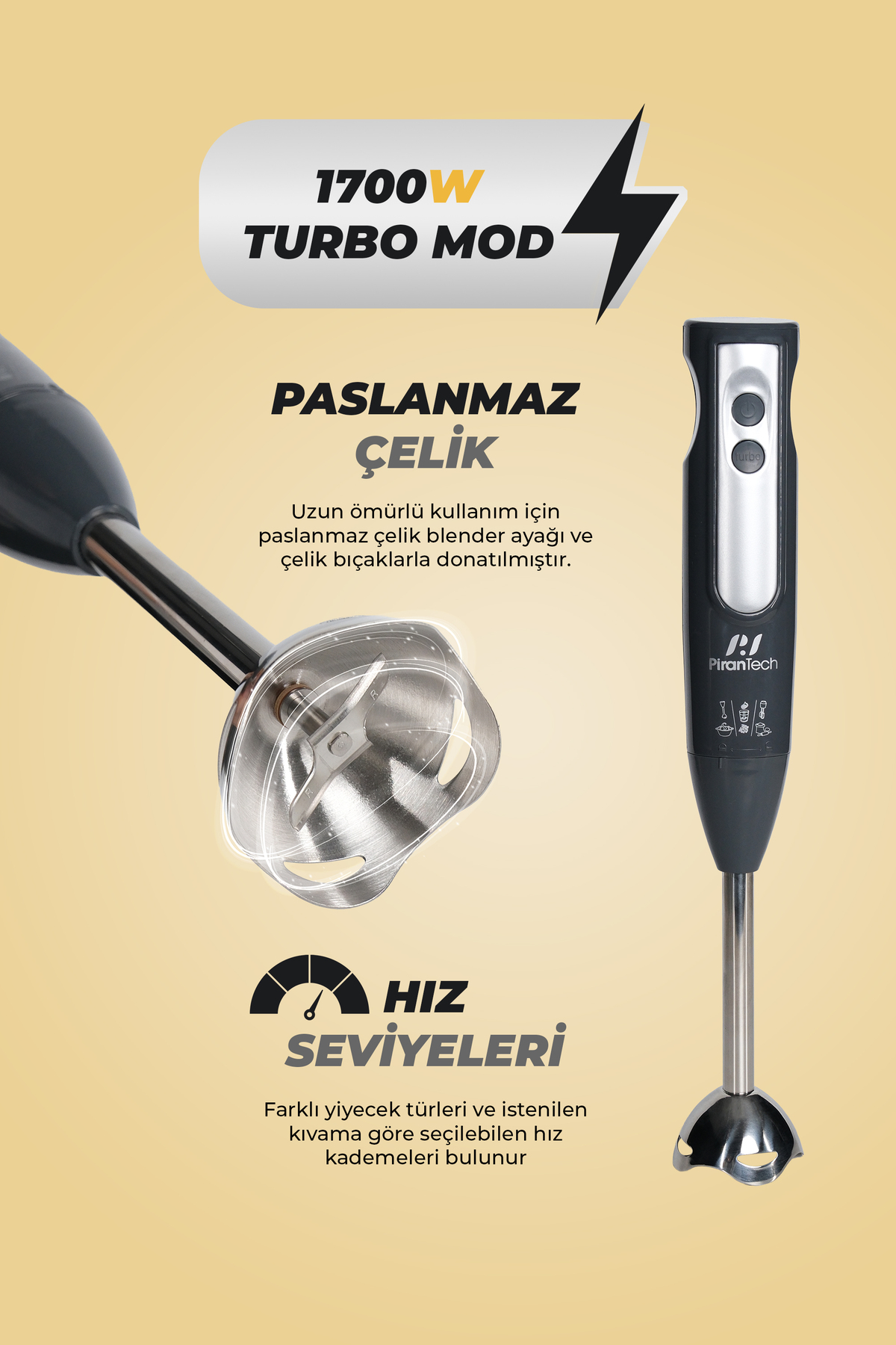Değişken hız ayarlı, paslanmaz çelik 1700W Turbo el blenderı.
