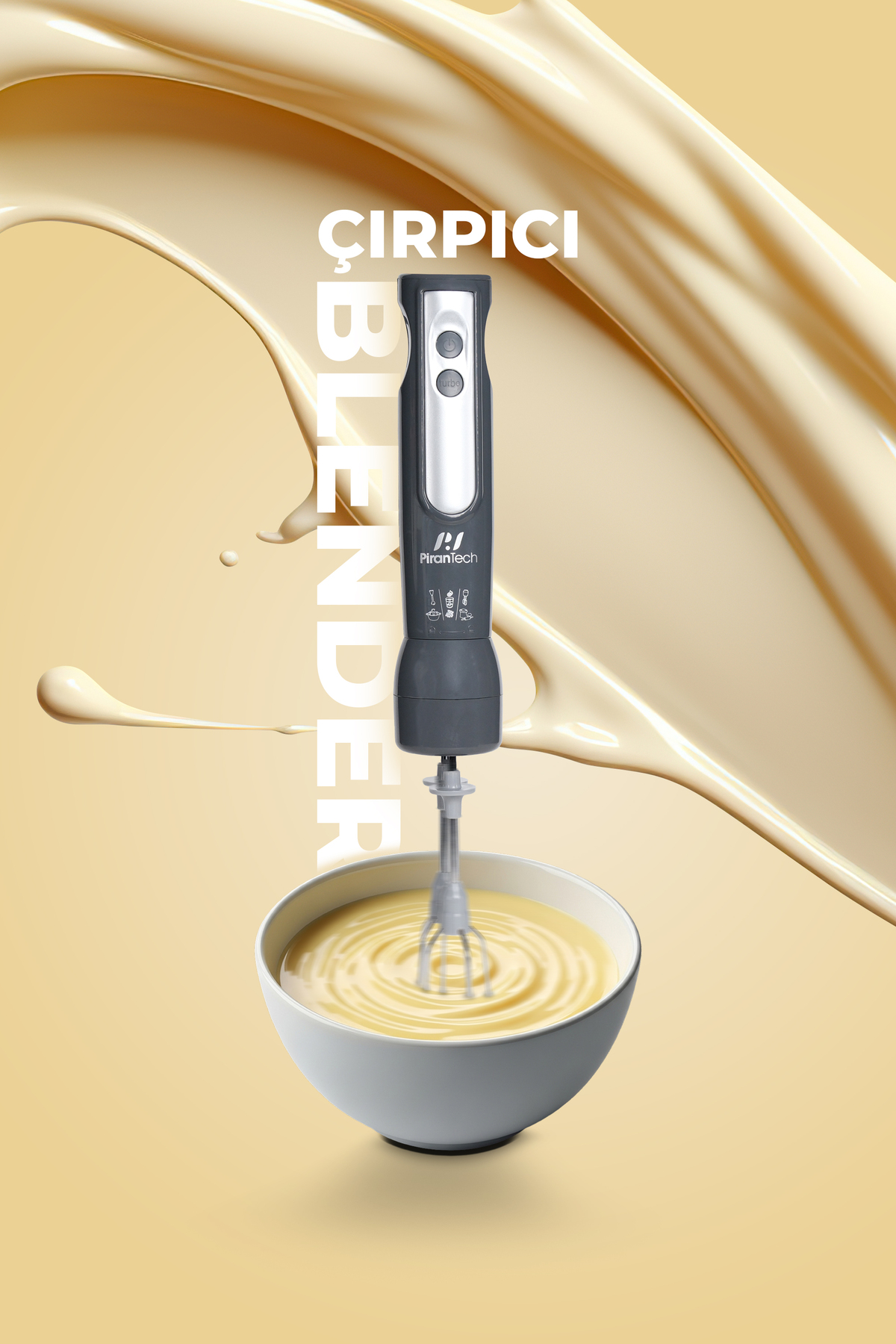 Çırpma aparatı olan el blenderi beyaz bir kasede sarı sıvıyı karıştırıyor.