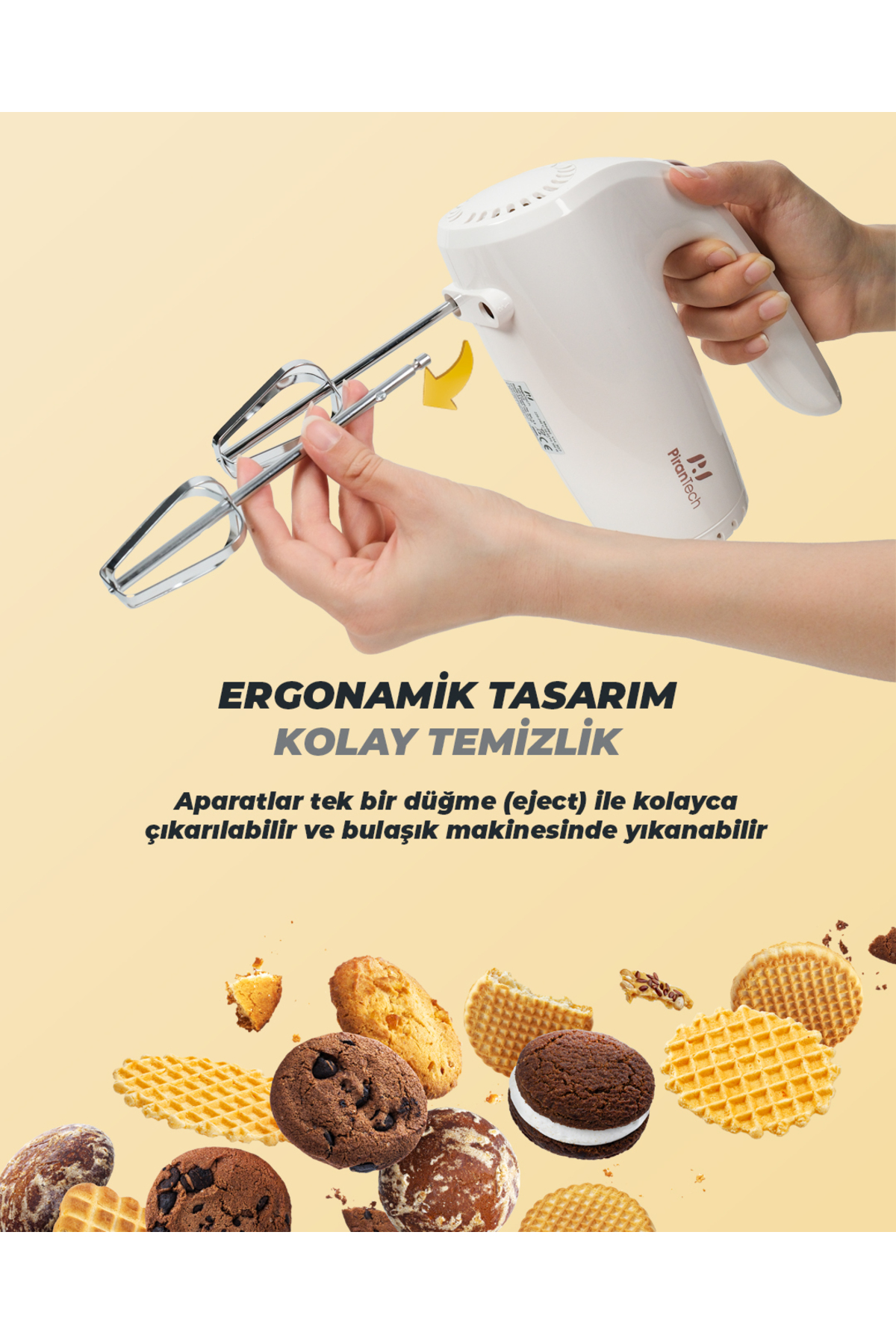 Beyaz bir el mikseri, çırpıcıları düğmeyle nasıl çıkardığını gösteriyor. Altında kurabiyeler ve gofretler var.