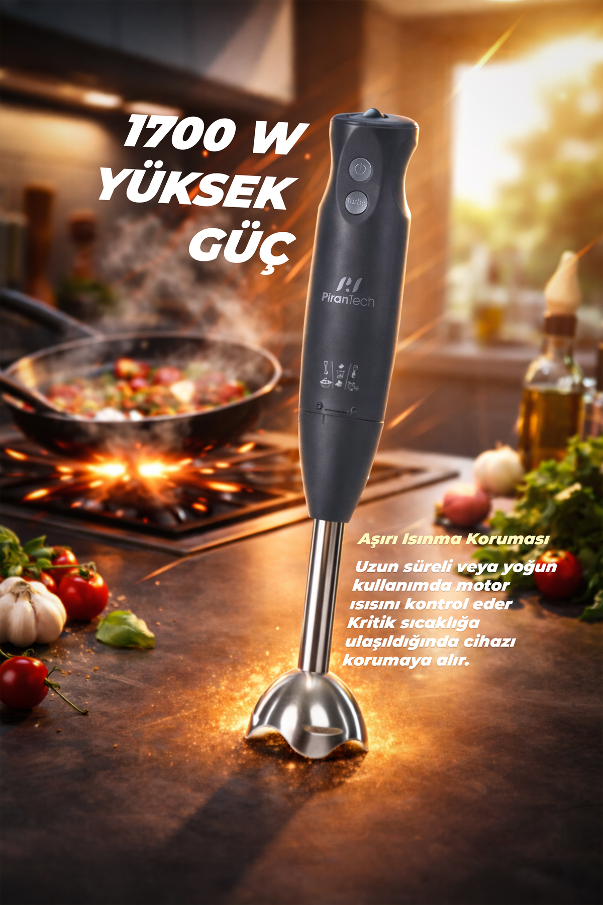 1700W'lık el blenderı, yanındaki sebzelerle tezgaha konulmuş.