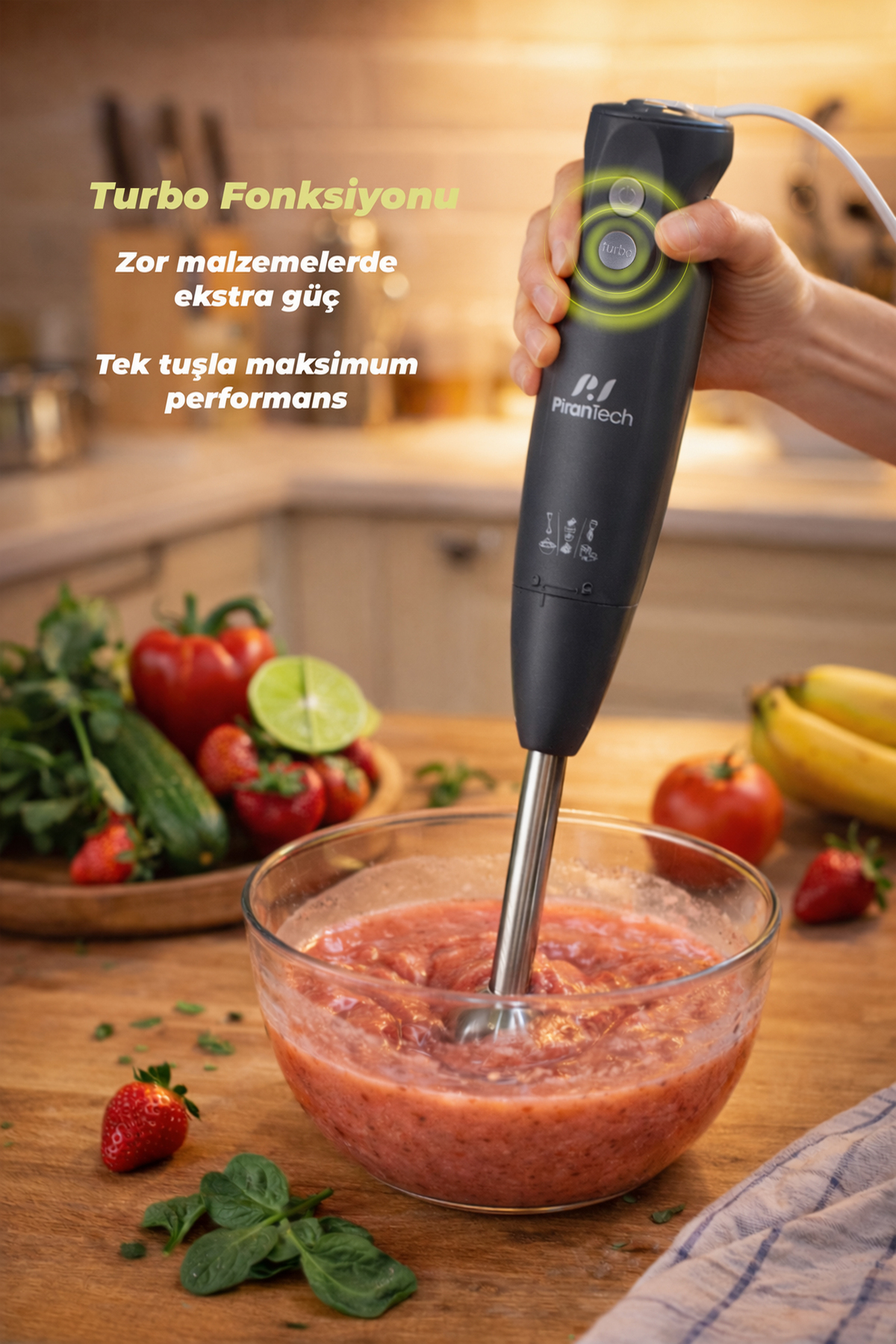 Çubuk blender, ahşap bir masada bir kasede çilekleri işliyor. Arkada meyveler.