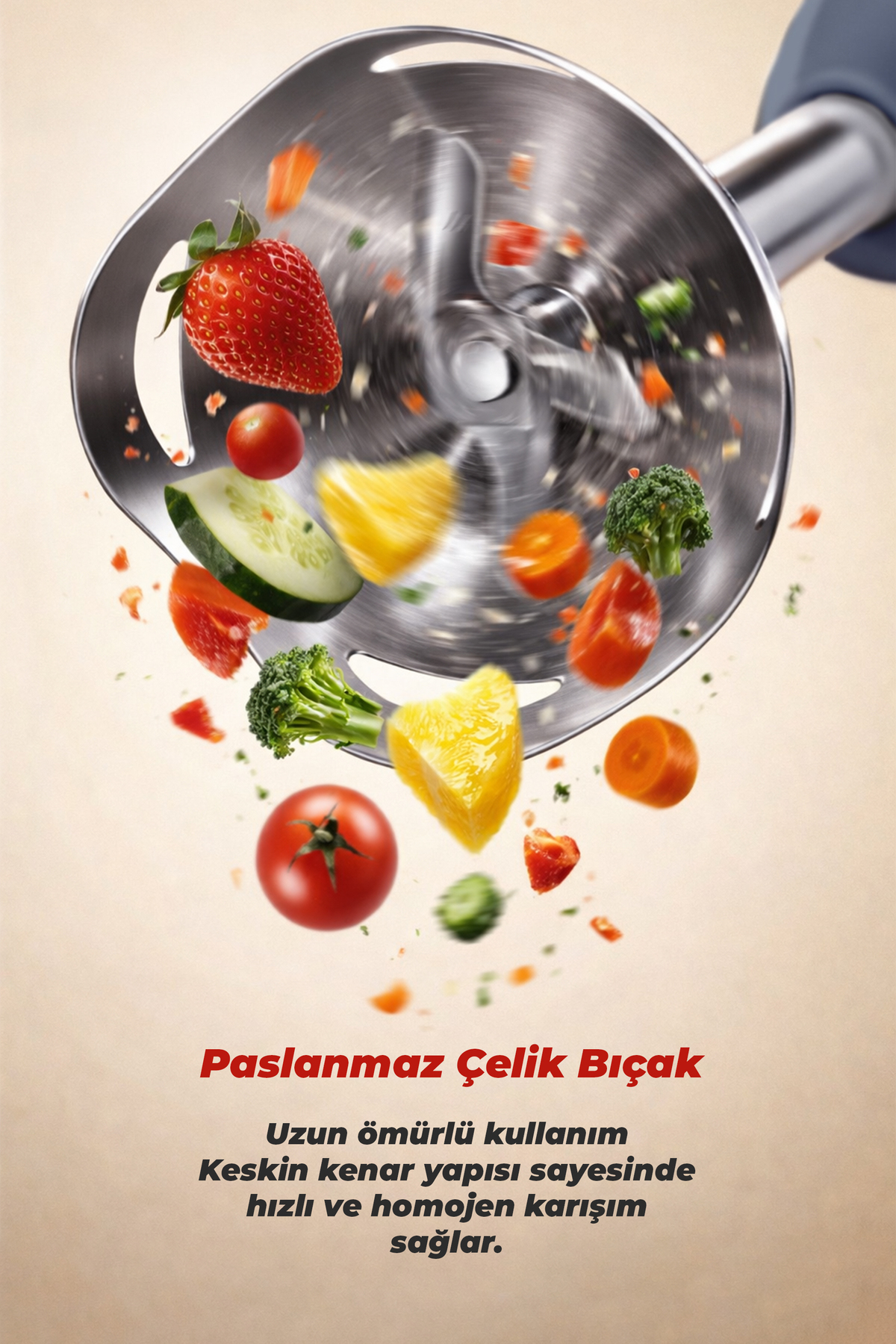 Meyve ve sebzeler, blenderın çelik bıçağıyla doğranıyor.