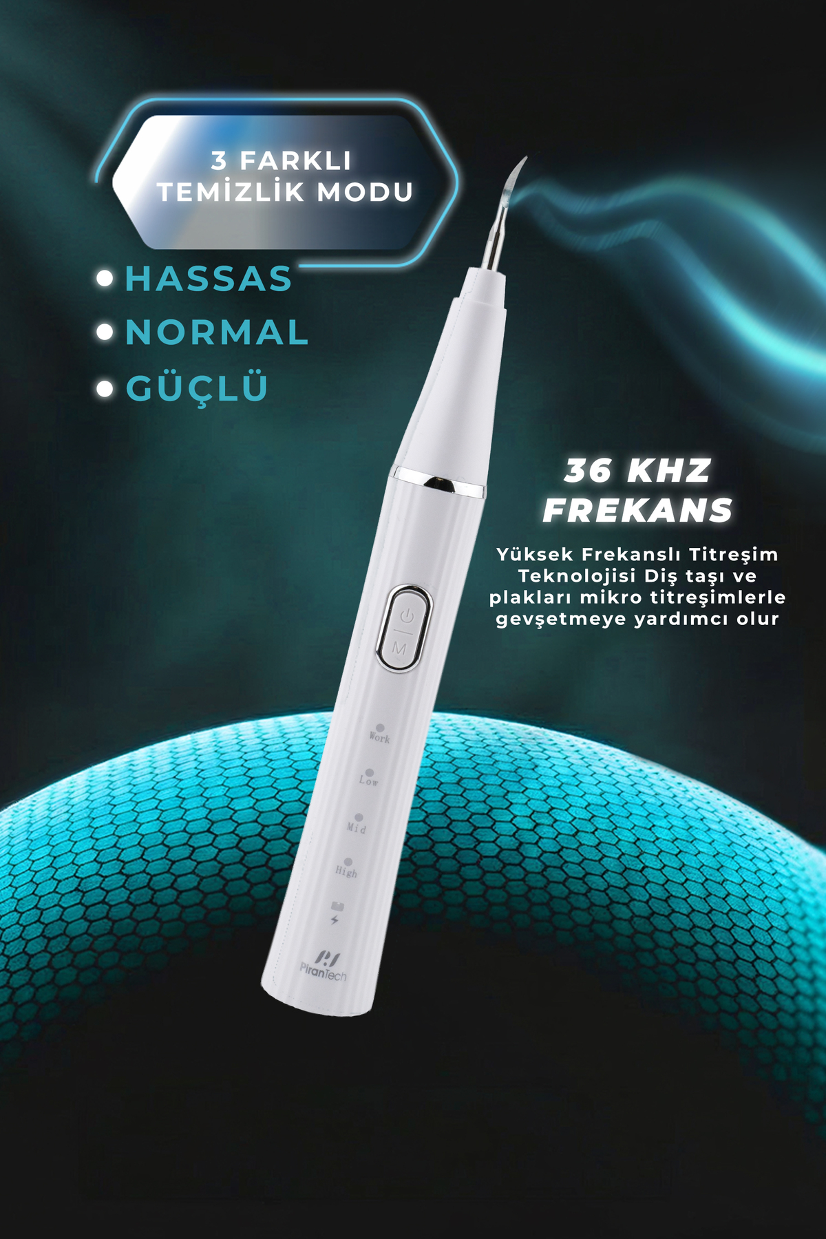3 modlu beyaz diş temizleme aleti: hassas, normal, güçlü. 36 kHz frekans.