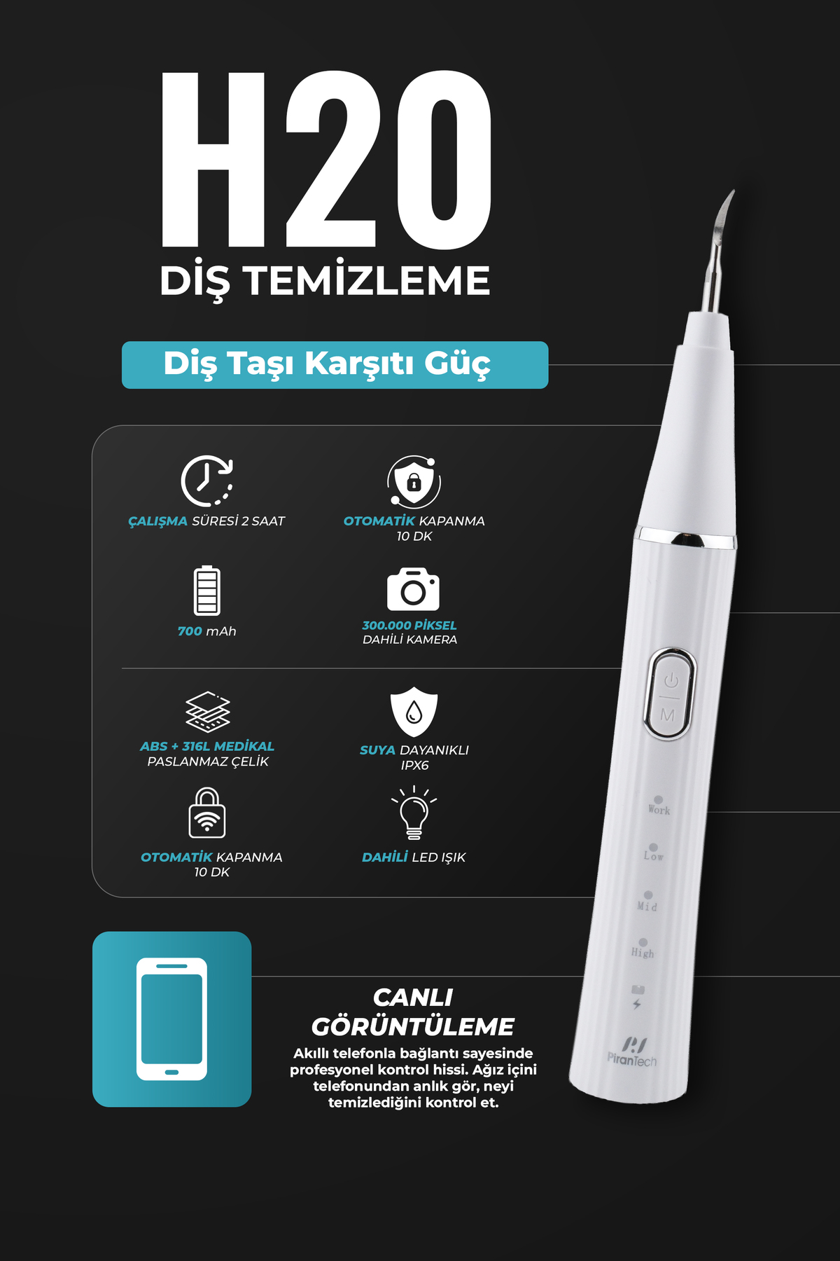 LED ışıklı, kameralı ve uygulama kontrollü beyaz diş hijyeni cihazı.