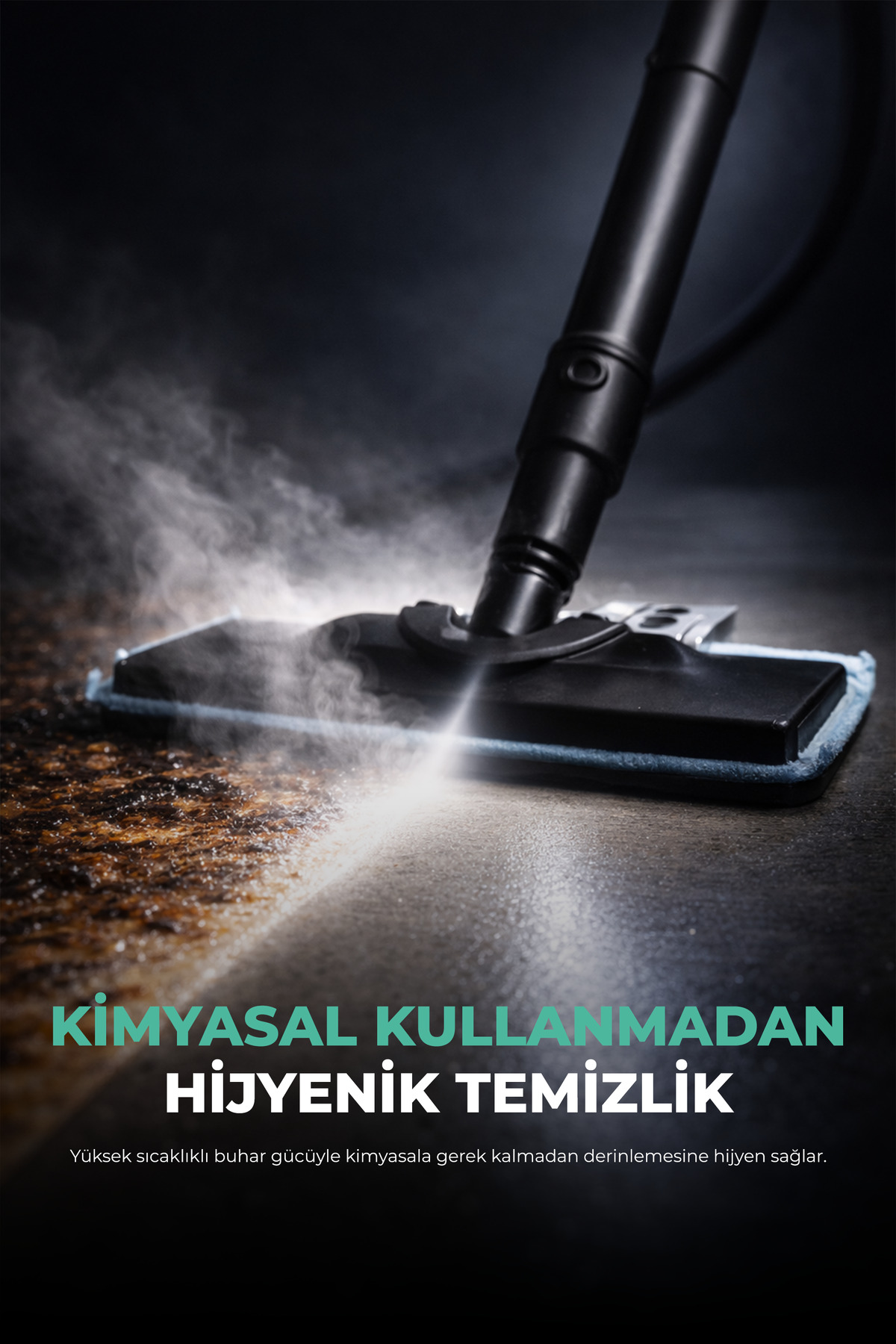 Buharlı temizleyici, sıcak buharla kirli bir zemini temizliyor.