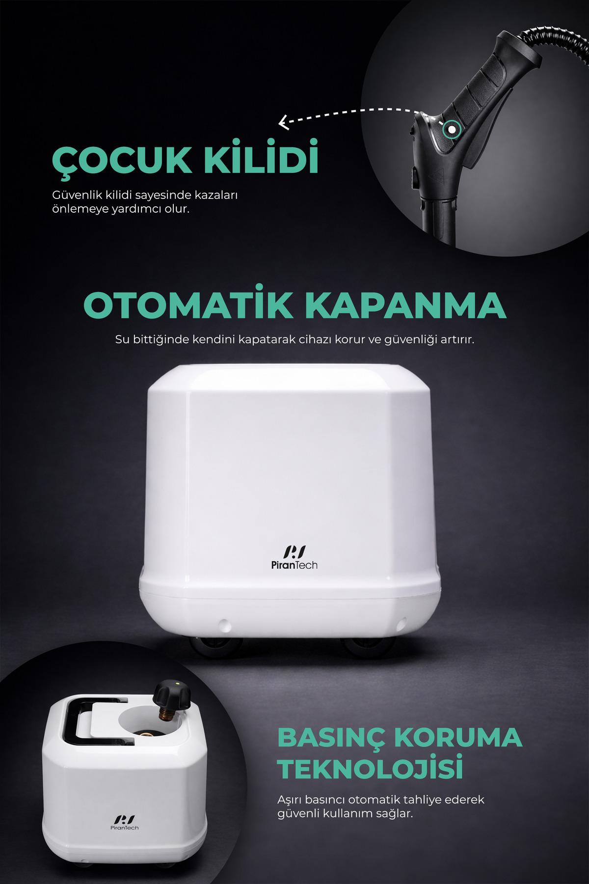 Çocuk kilidi, otomatik kapanma ve basınç korumalı beyaz cihaz.