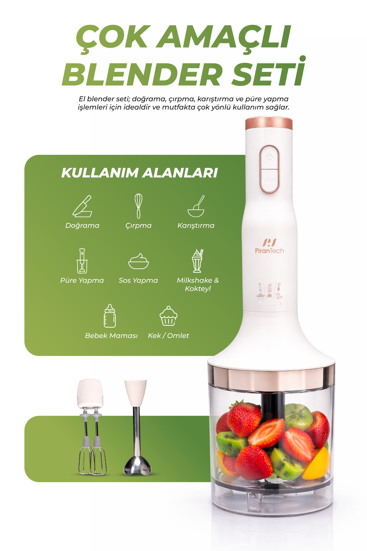 Aksesuarlı beyaz el blenderi, kavanozda meyve gösteriyor.