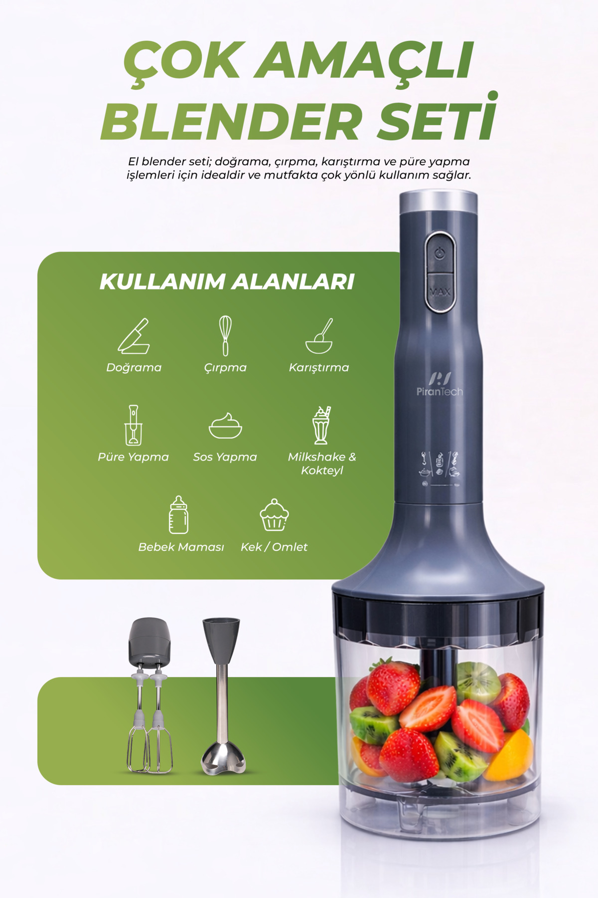 Doğrama, çırpma, karıştırma, püre, sos, milkshake ve omletler için aksesuarlı el blender seti.