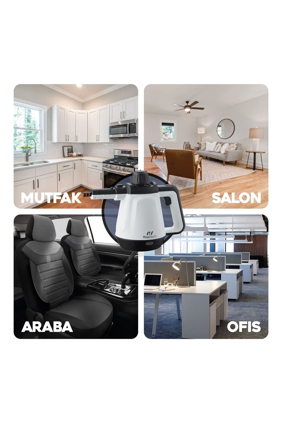 Dört resimde mutfak, salon, araba ve ofiste buharlı temizleyici gösteriliyor.
