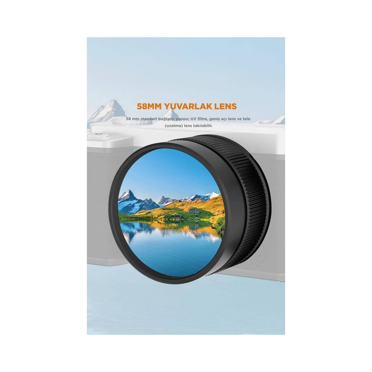 Dağ ve göl manzarasını yansıtan yuvarlak 58mm lens.