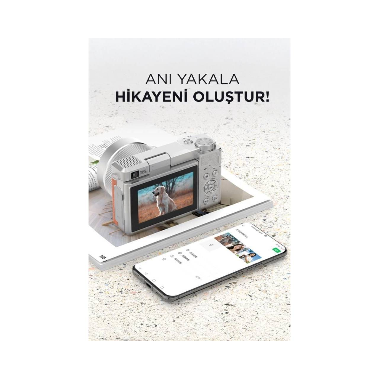 Beyaz bir kamera köpek fotoğrafı gösteriyor. Yanında fotoğraflı bir akıllı telefon var.