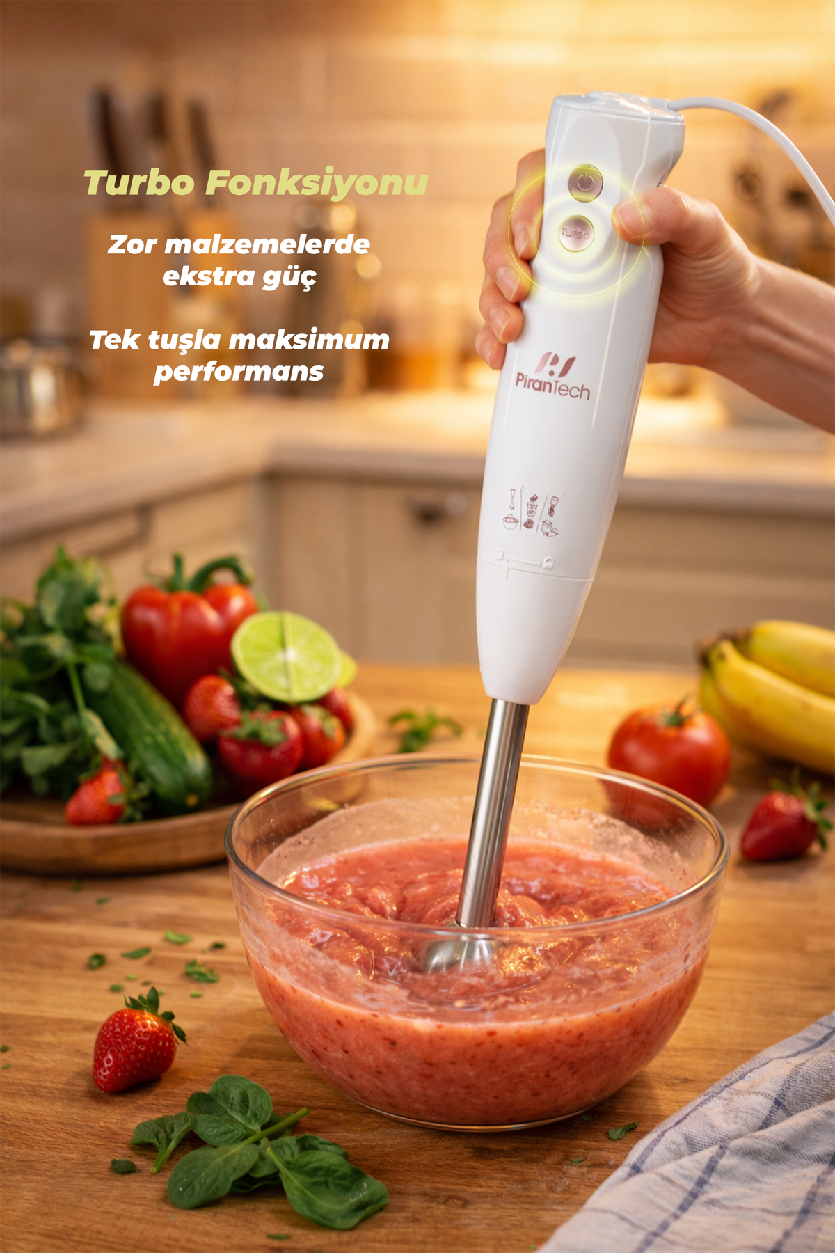 Çubuk blender bir kapta çilek püre haline getiriyor. Masada meyveler var.