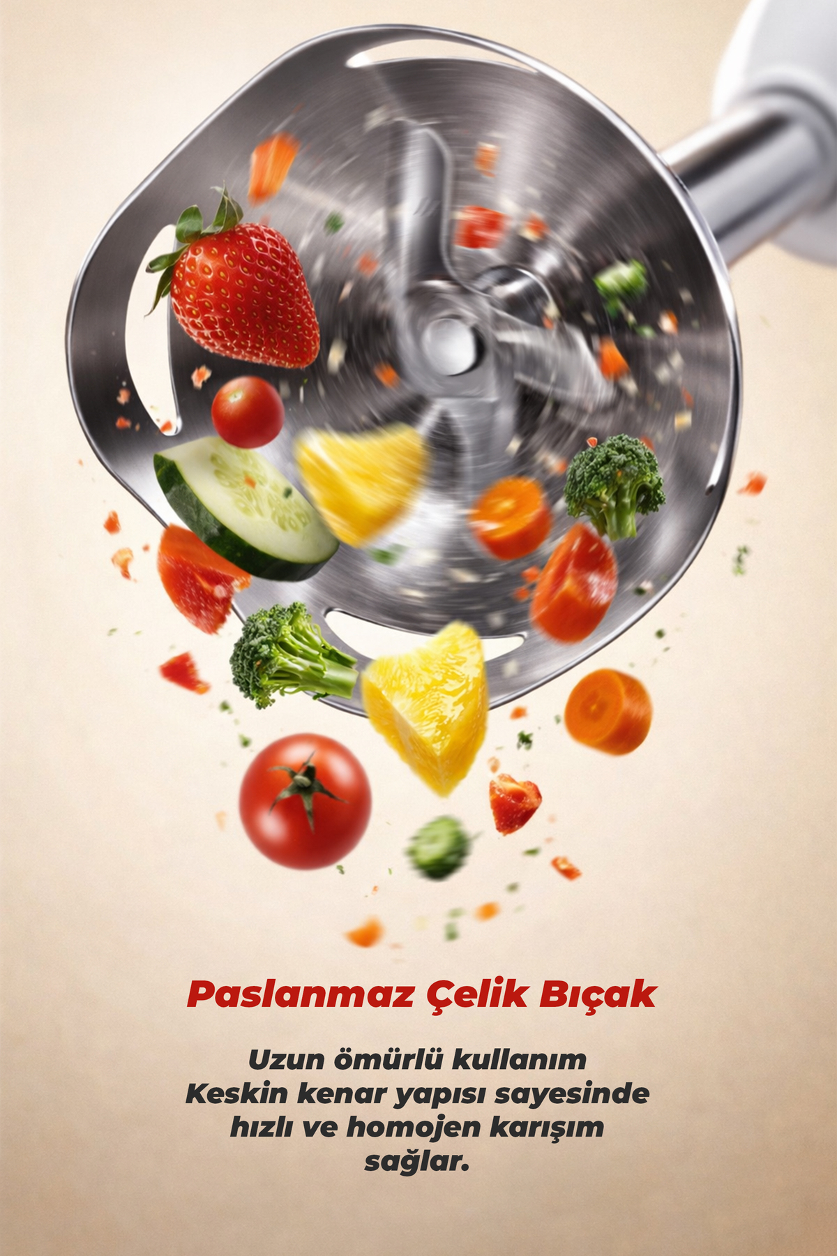 Meyve ve sebzeler dönen el blenderinin etrafında uçuşuyor.