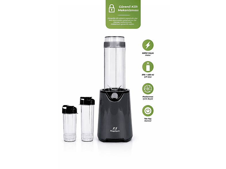 PİRANTECH YH-1200 Güçlü Taşınabilir Kişisel 600 W Smoothie Blender Antrasit