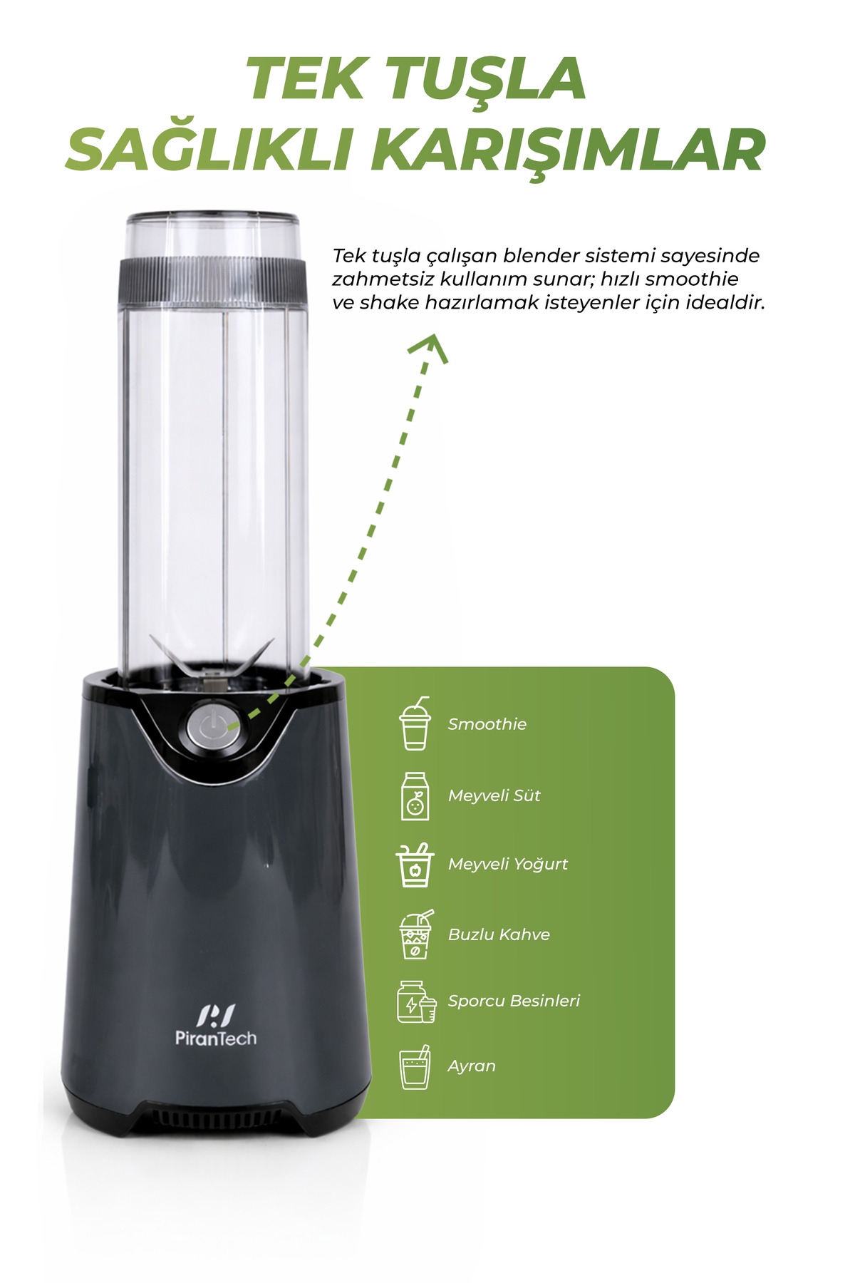 Şeffaf hazne ve içecek ikonlu koyu gri blender.