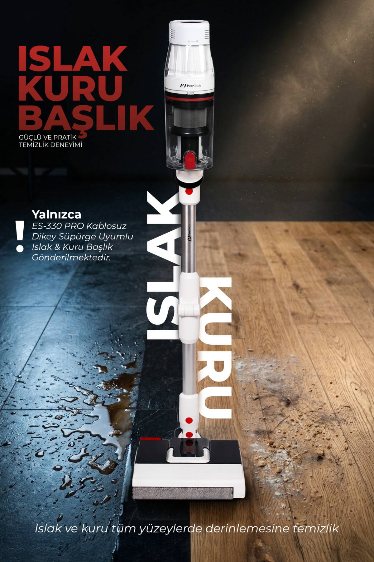 Ahşap zeminde kir bulunan beyaz ıslak ve kuru elektrikli süpürge başlığı.
