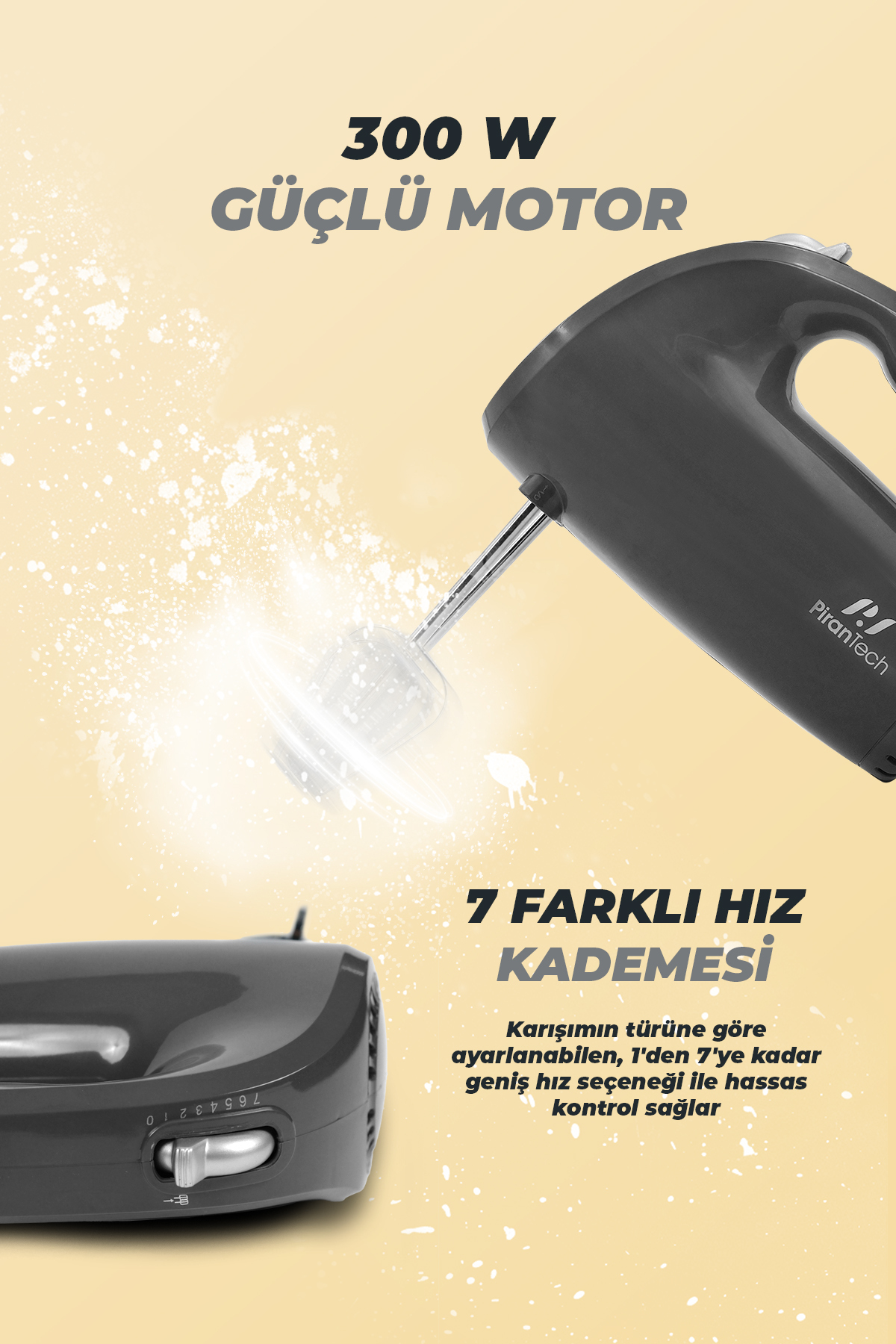 300W motorlu, 7 kademeli siyah el mikseri. Toz uçuşuyor.