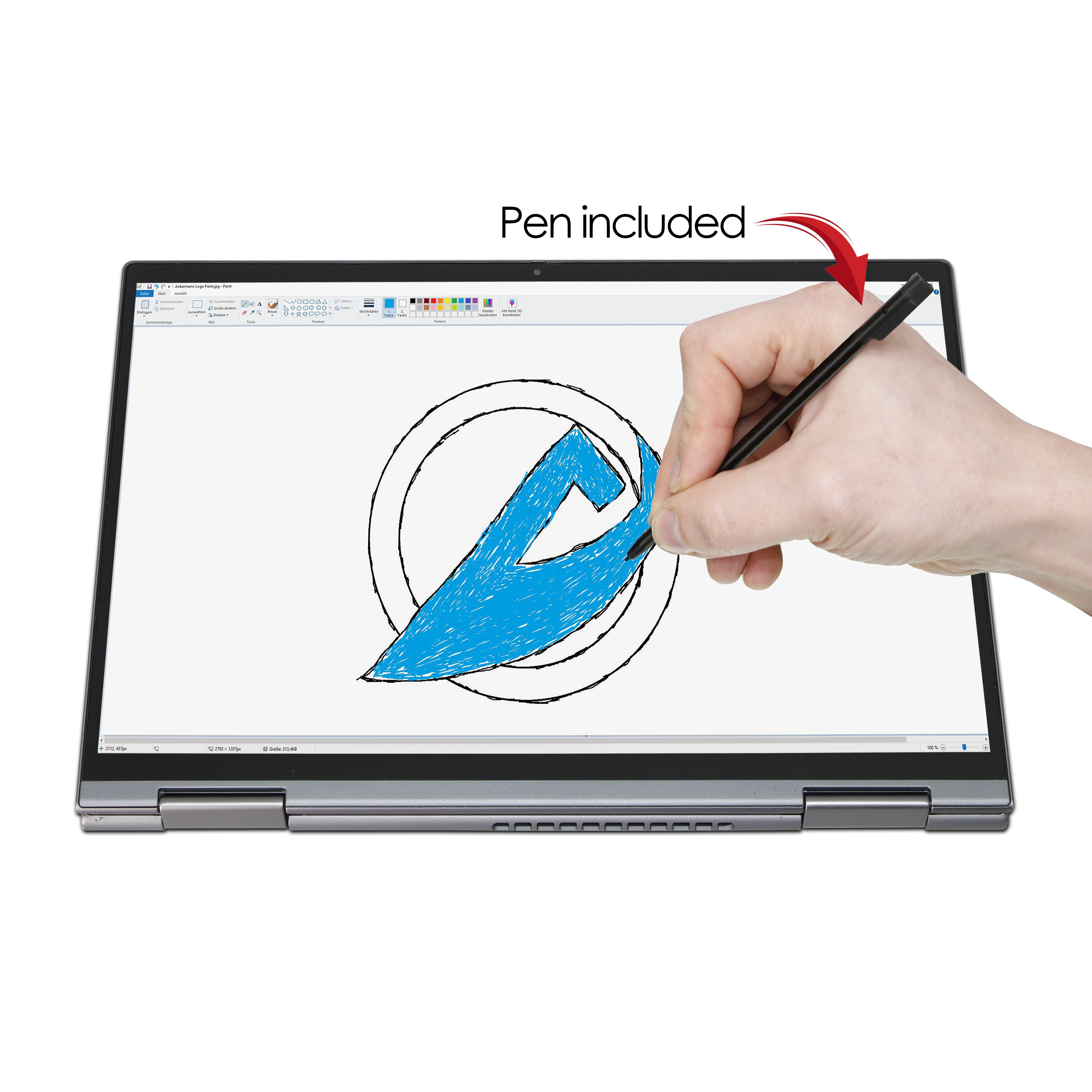 Una penna viene usata per disegnare un logo blu sullo schermo di un laptop.