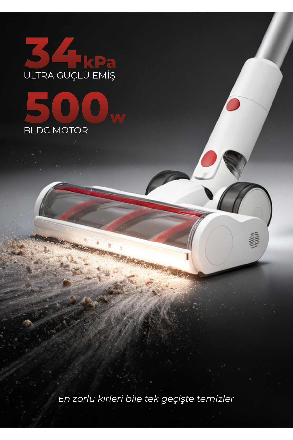 Beyaz elektrikli süpürge başlığı toz temizliyor. 34 kPa, 500W BLDC motor.