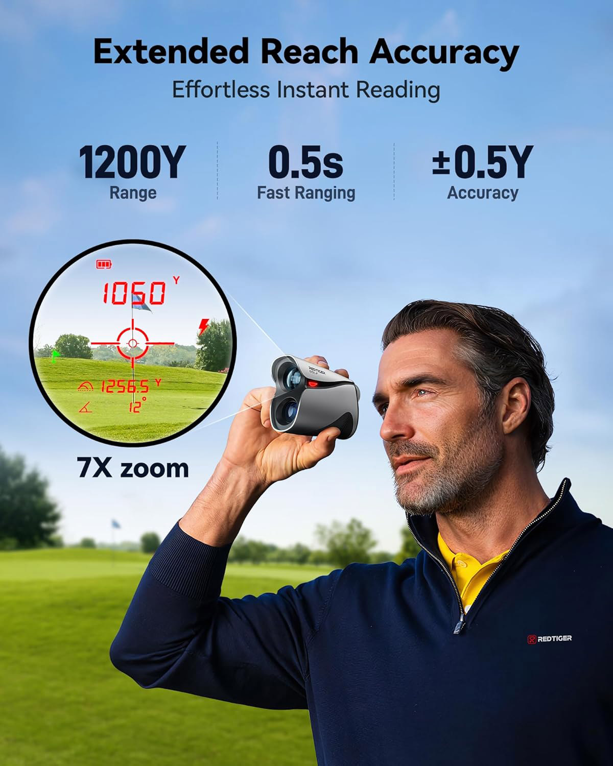Mann hält Golf-Entfernungsmesser mit 1060y Entfernung und 7-facher Vergrößerung.