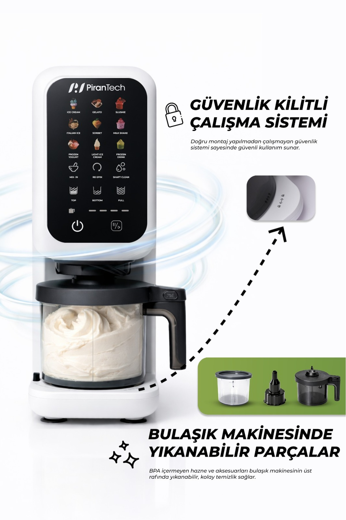 Kapta dondurulmuş tatlı ve çeşitli menü seçenekleri olan beyaz bir dondurma makinesi prototipi.