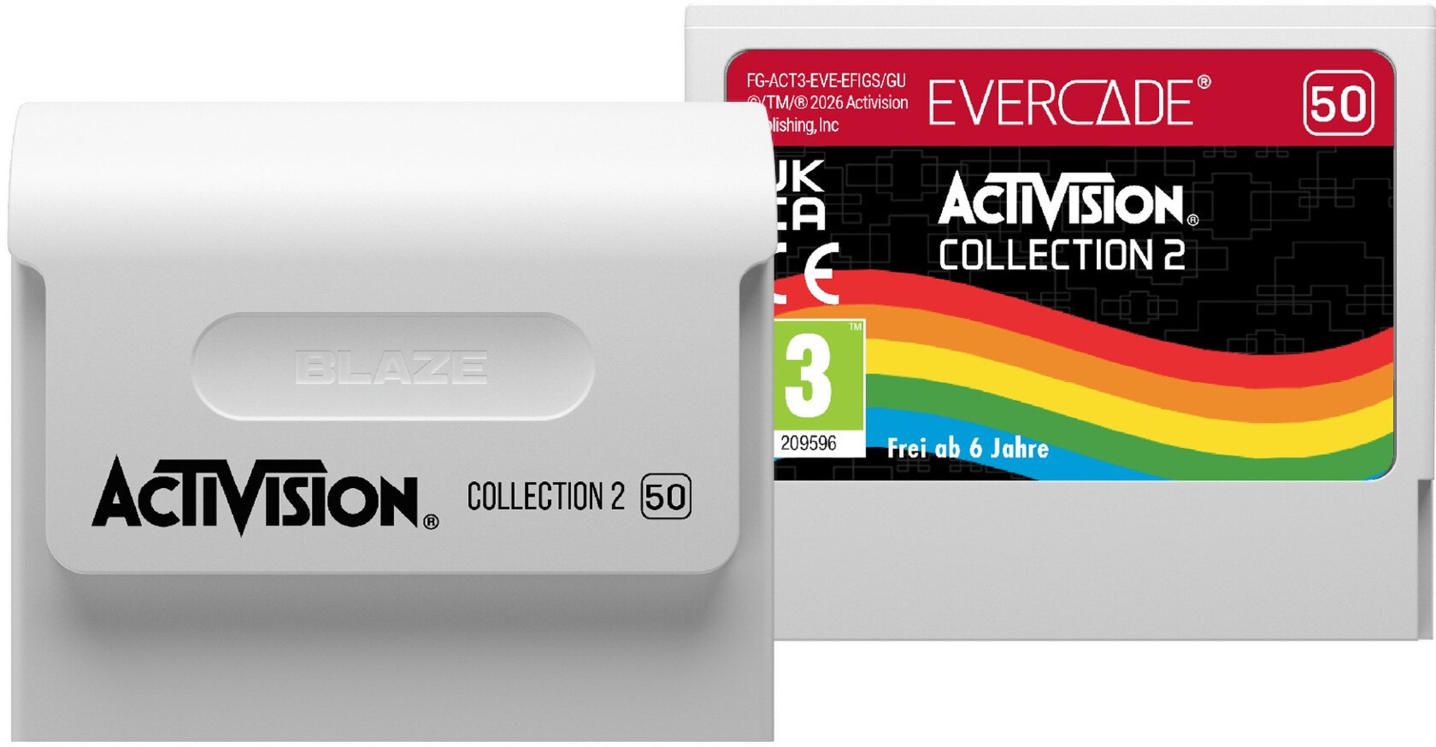 Due cartucce di gioco Evercade: una bianca con 'Blaze' e 'Activision Collection 2', un'altra con 'Activision Collection 2'.