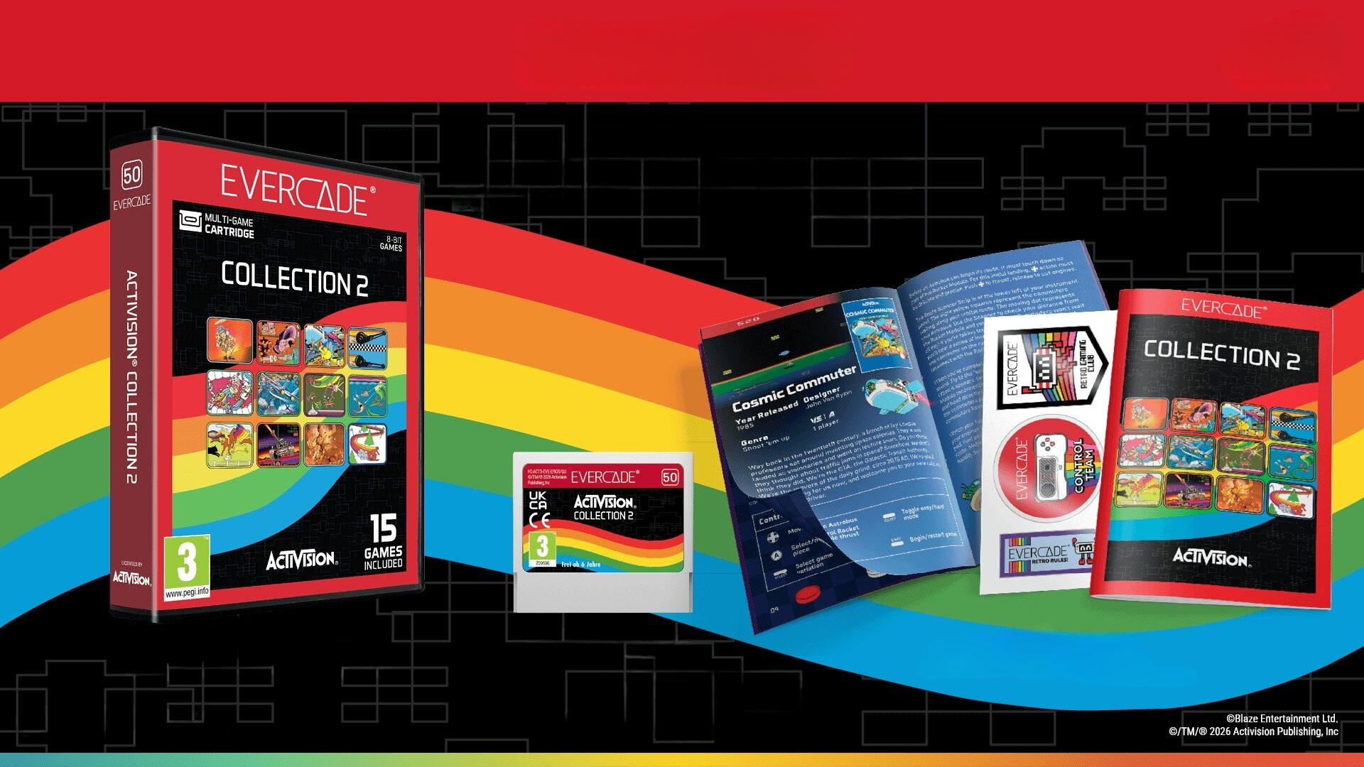 Evercade Collection 2: Cartuccia, libro e custodia con copertine dei giochi su sfondo arcobaleno.
