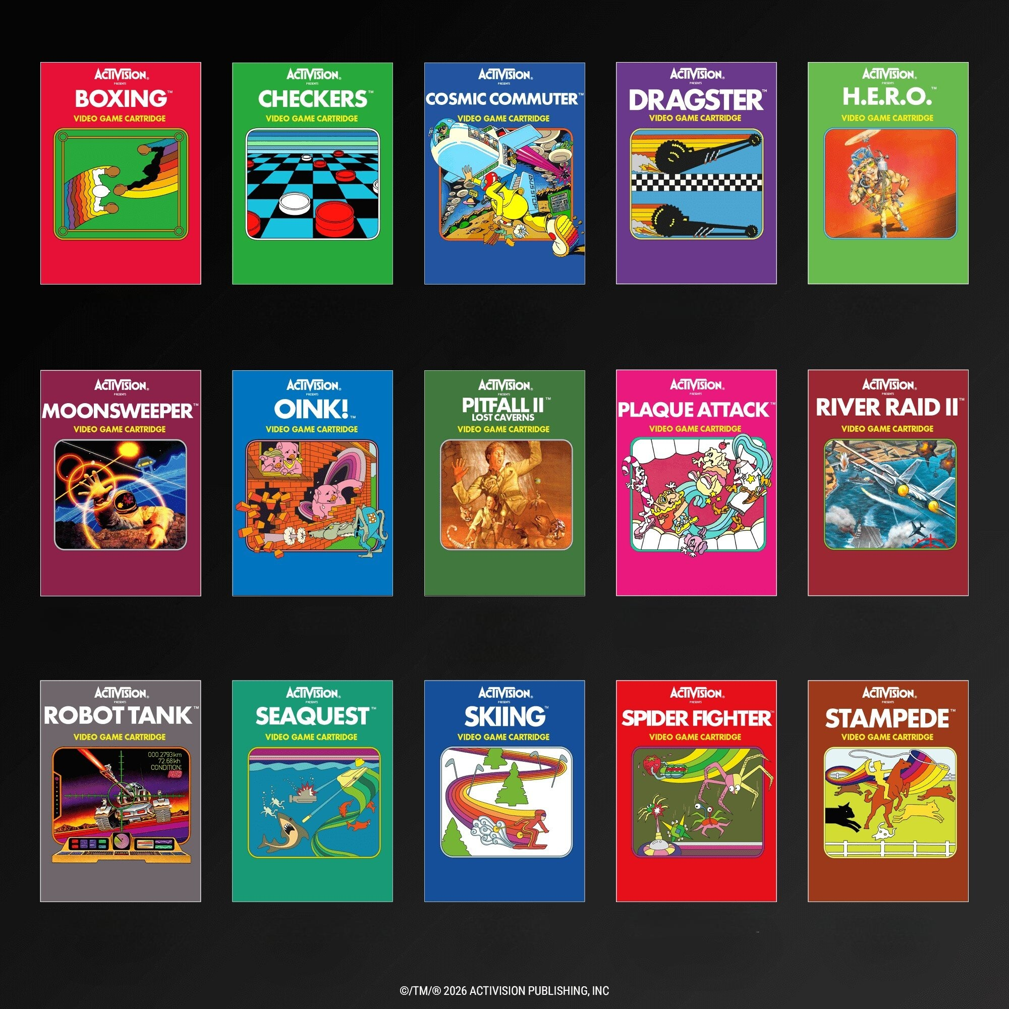 Un collage di 15 copertine di cartucce per videogiochi Activision, classici.