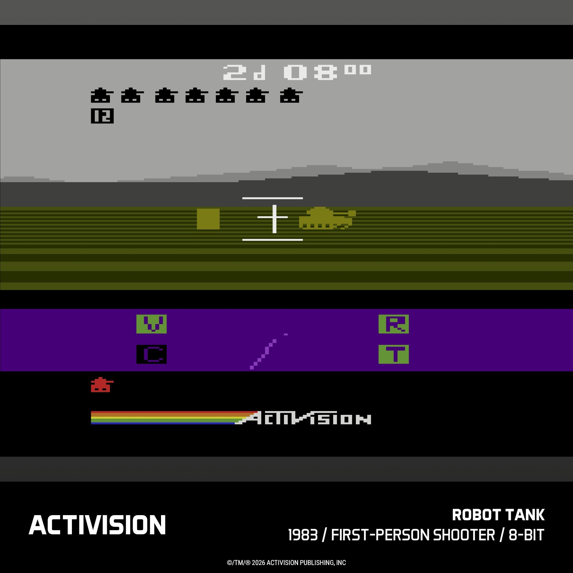 Schermo di videogioco a 8 bit con carro armato, stelle e punteggio.