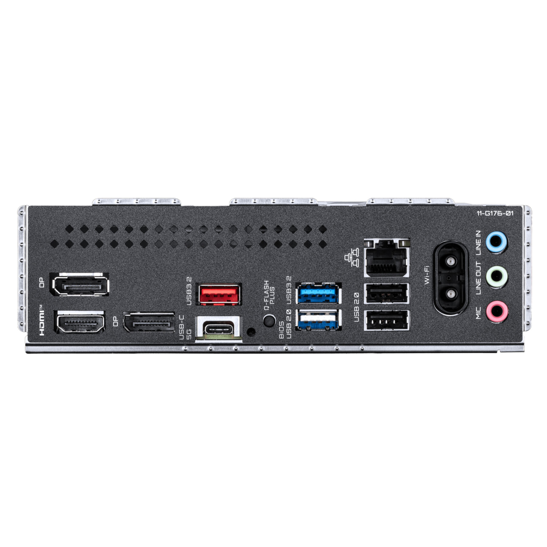 Panneau arrière d'ordinateur avec ports : HDMI, DP, USB-C, USB 3.2, USB 2.0, Wi-Fi, Audio