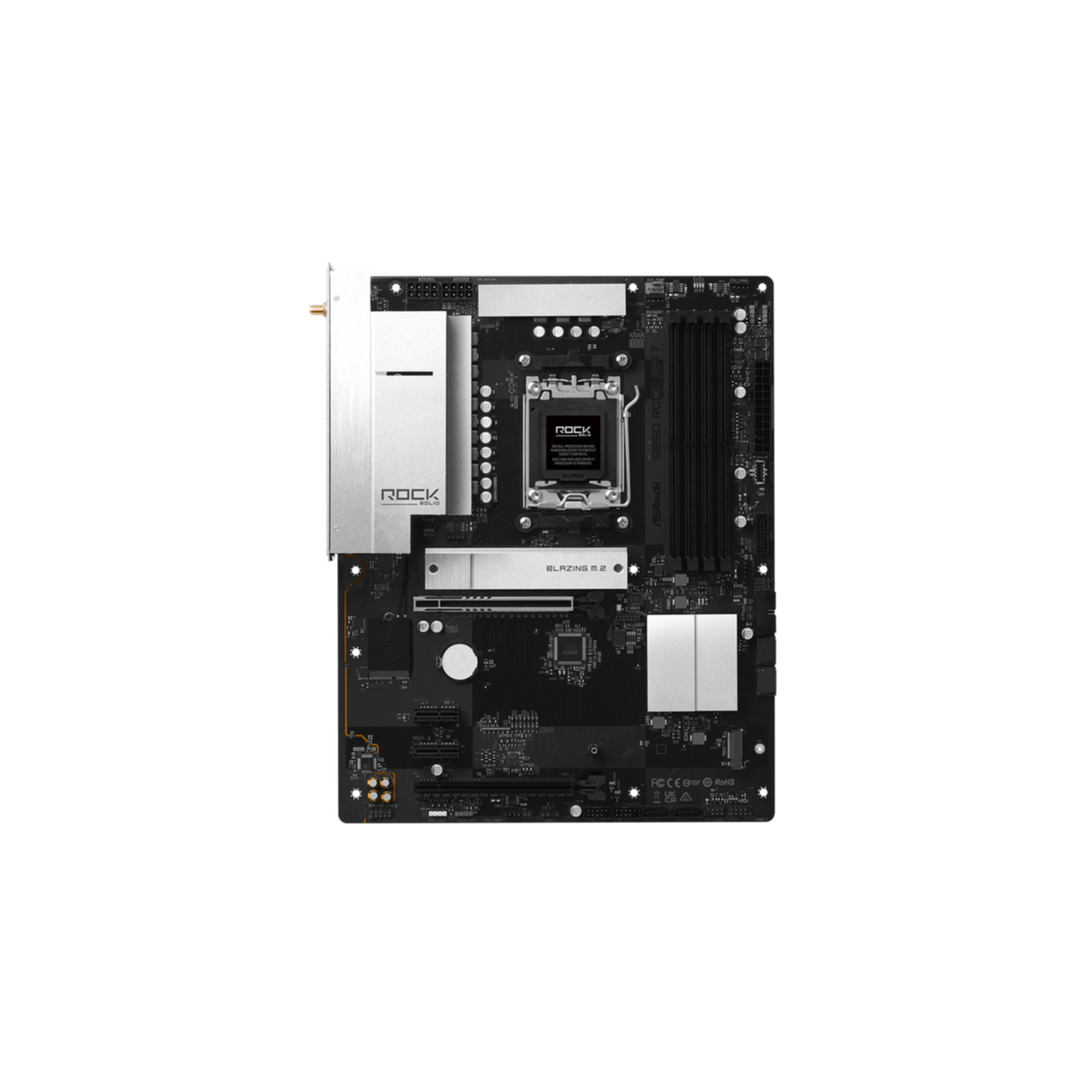 Ein schwarzes Motherboard mit silbernen Kühlkörpern und dem ROCK-Logo.
