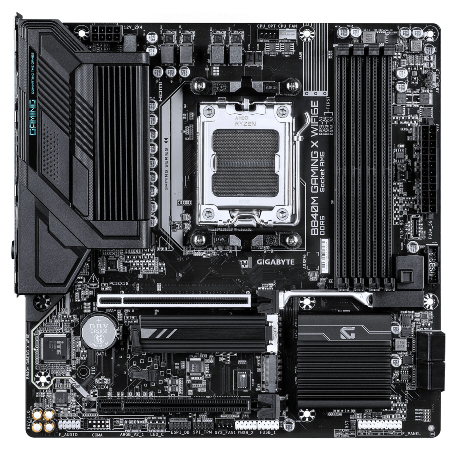 A black motherboard featuring an AMD Ryzen socket and DIMM slots.