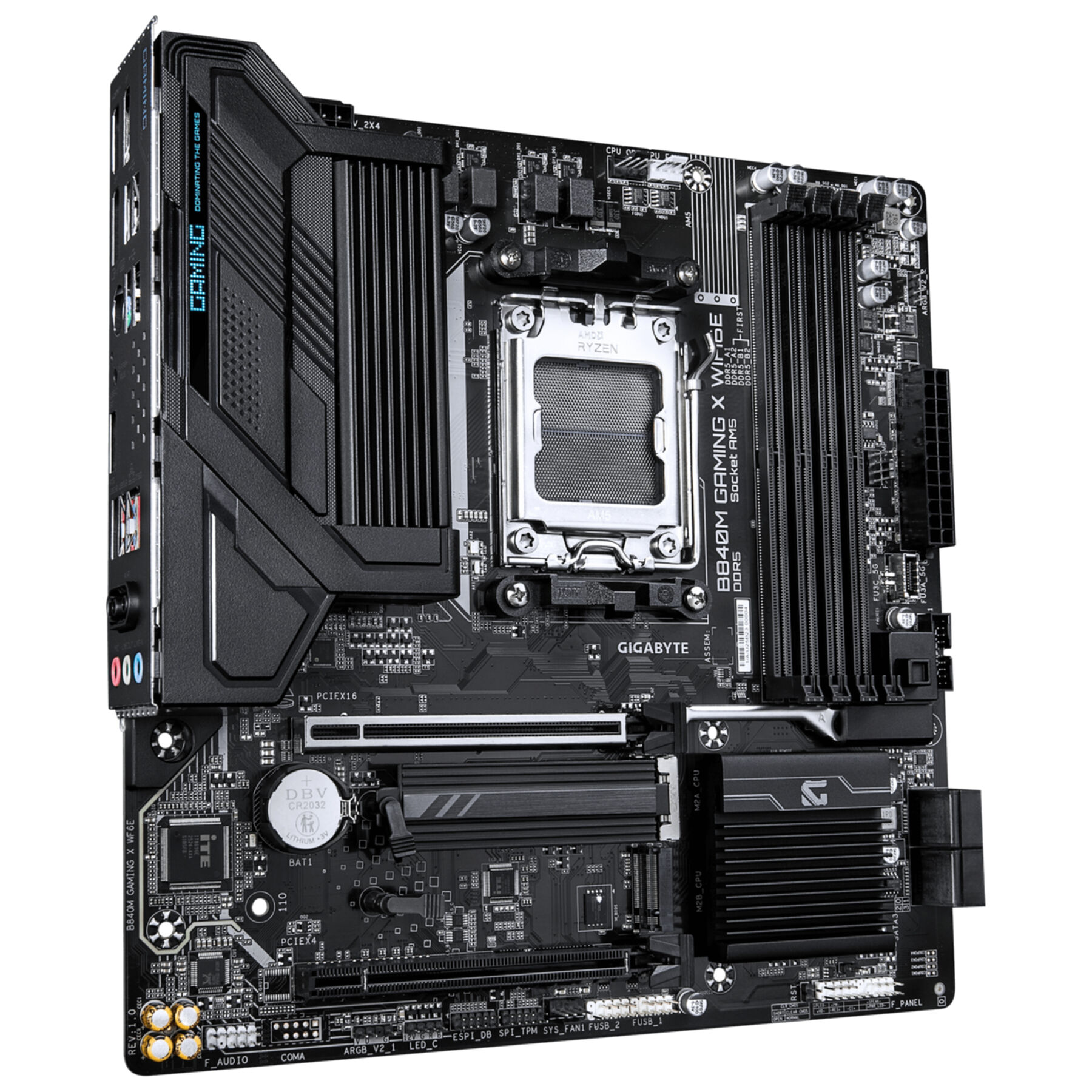 A black motherboard with CPU socket, RAM slots, and heatsinks.