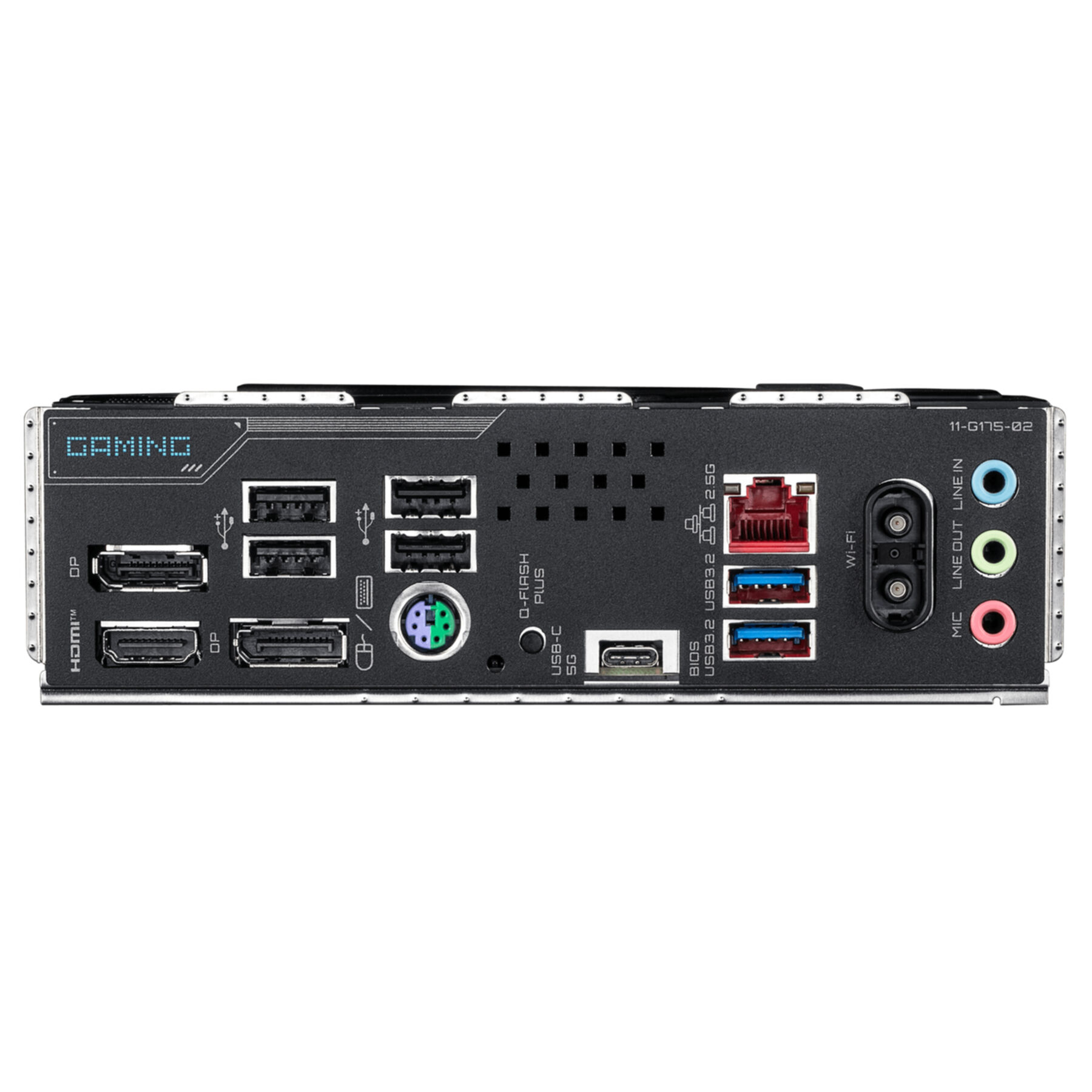 Rear view of a motherboard showing HDMI, DP, USB, Ethernet, Wi-Fi, and audio ports.