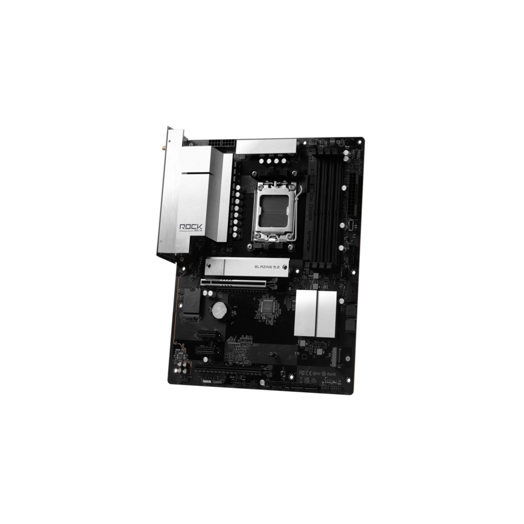 Ein schwarzes Motherboard mit silbernen Kühlkörpern und dem "ROCK SOLID"-Logo.