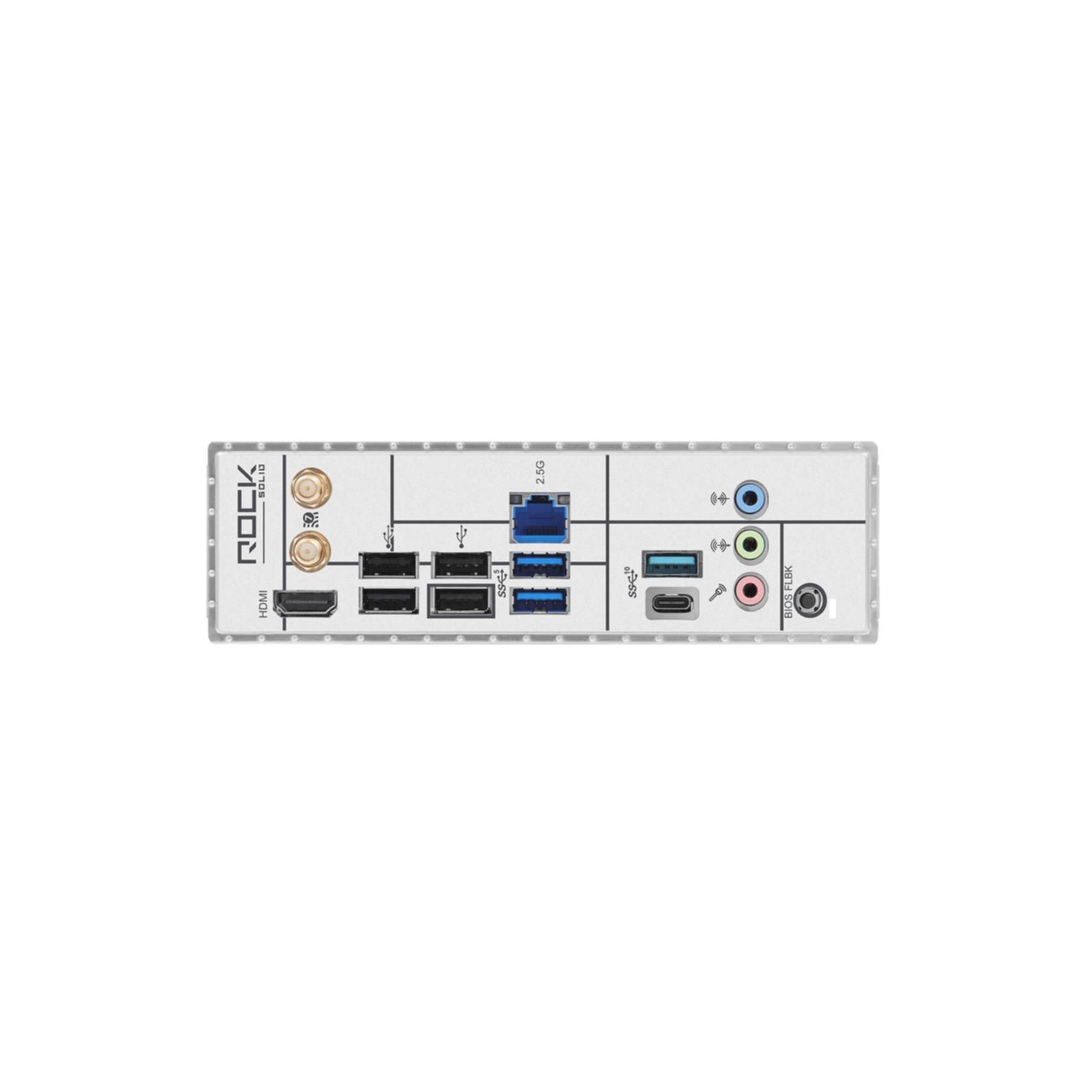 Rückseite eines Motherboards mit Anschlüssen: HDMI, USB, LAN, Audio und BIOS-Flash.
