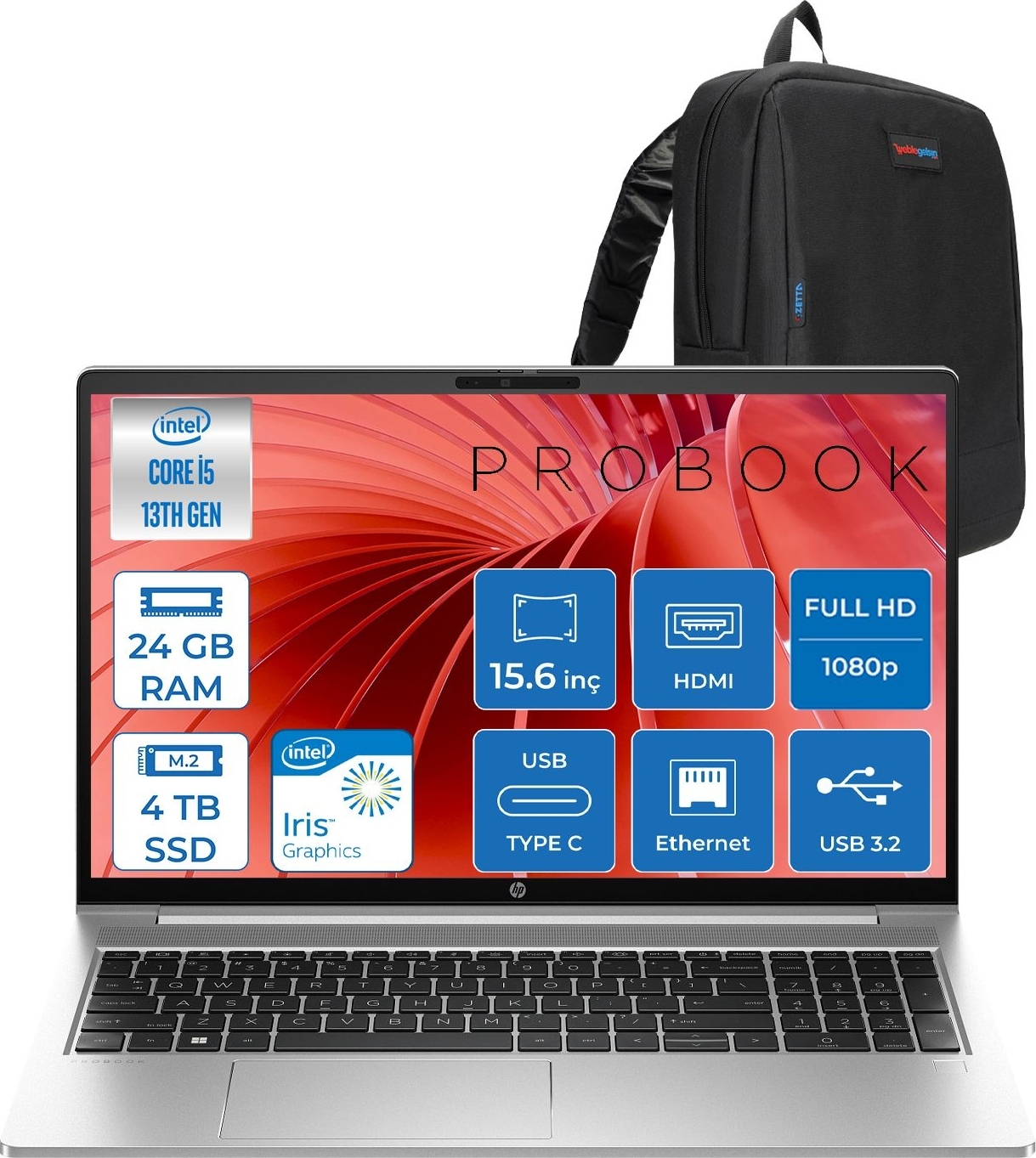 HP ProBook 450 G10 Iris XE IPS 250 Nits H9C8KE8ATF15 Intel Core i5-1334U 24 GB RAM 4 TB SSD 15,6 inç FreeDOS Laptop+Çanta Gümüş