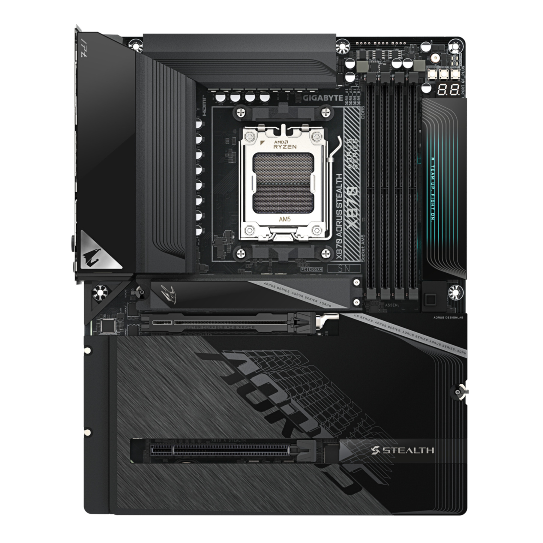 Una placa base negra con zócalo AM5 y área de CPU Ryzen, ranuras DDR5 y conectores.