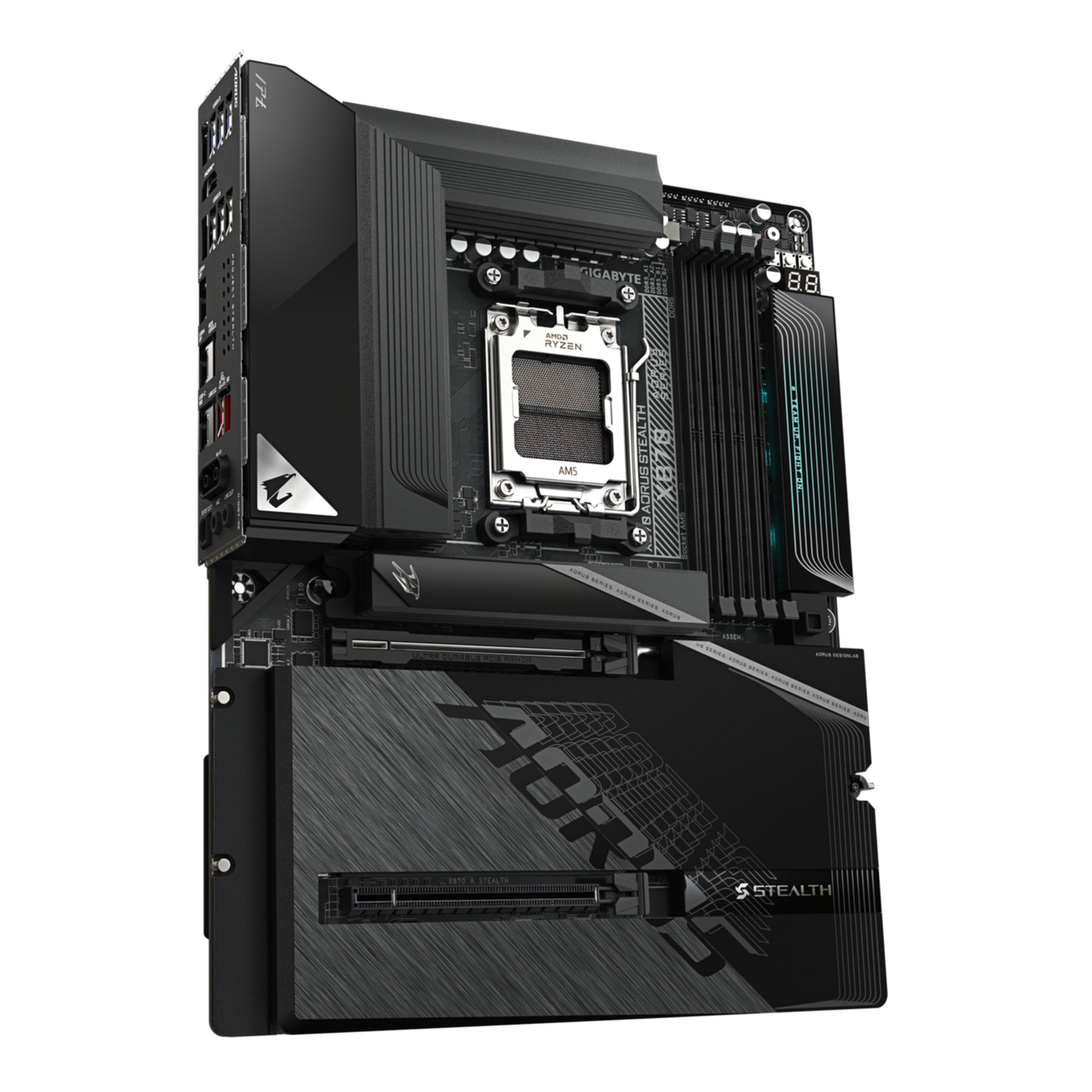 Placa base negra con zócalo AM5 para procesadores AMD Ryzen y ranuras RAM.