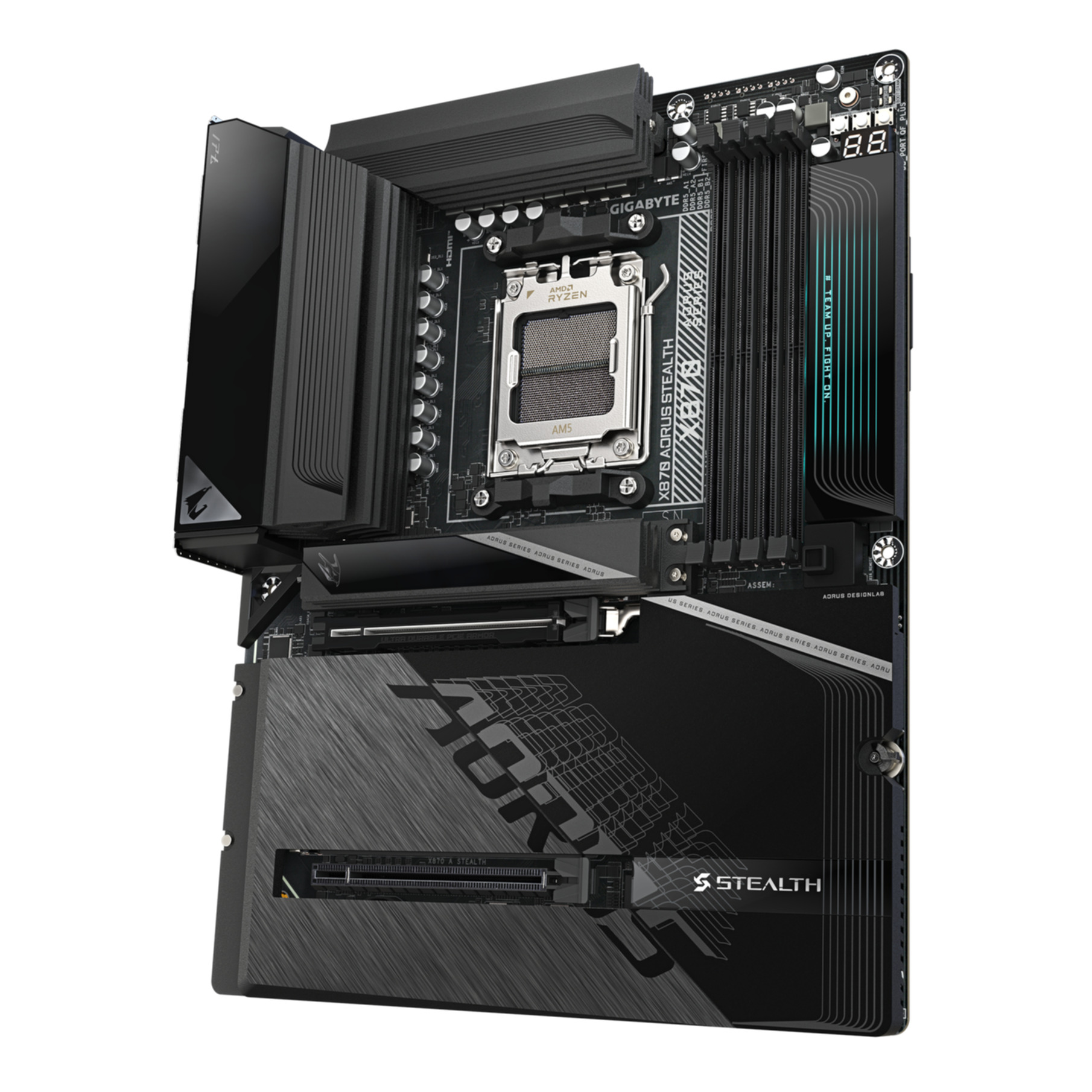 Placa base negra con zócalo AM5, disipadores VRM y ranuras DDR5.