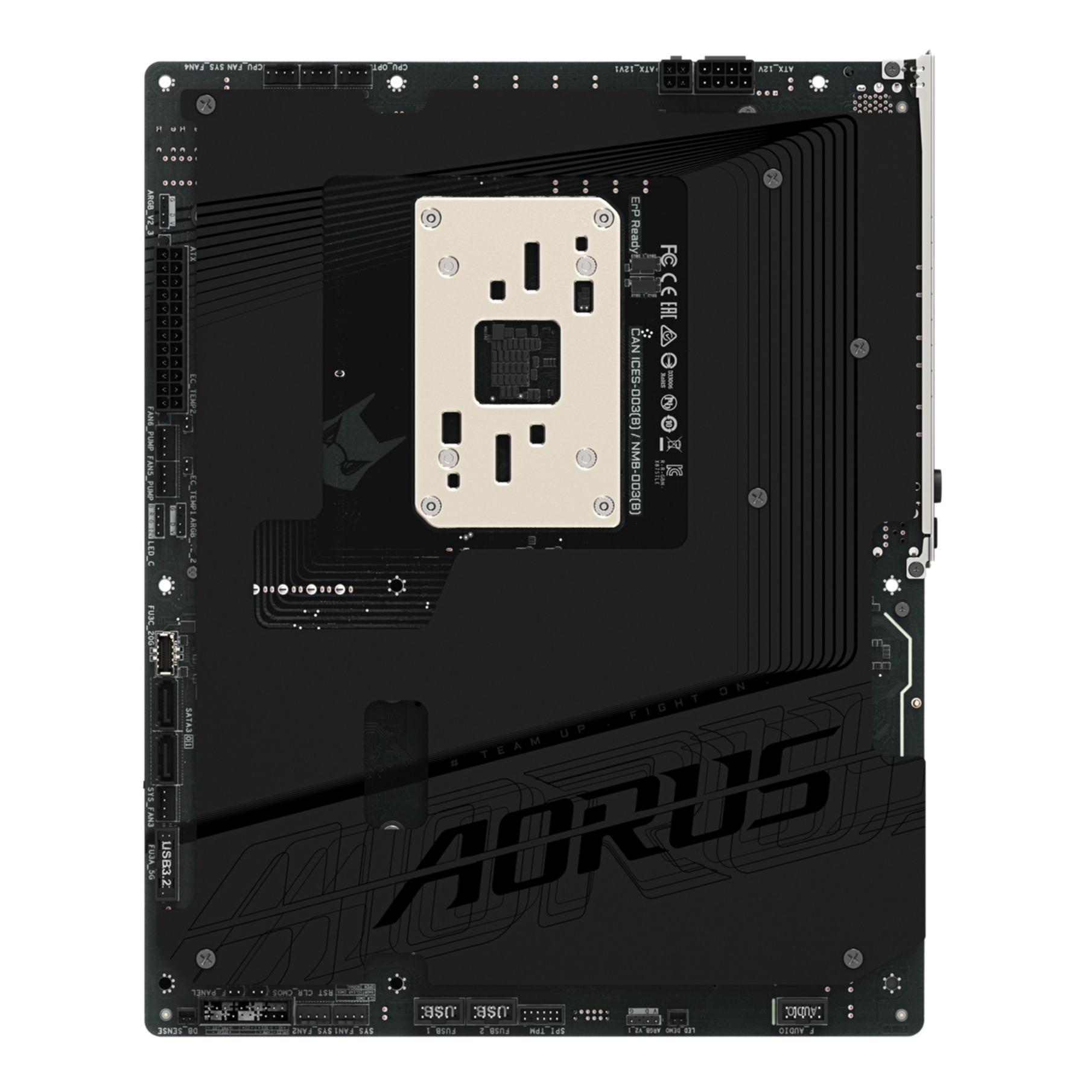 Parte posterior de una placa base negra con zócalo de CPU plateado y logo Aorus.