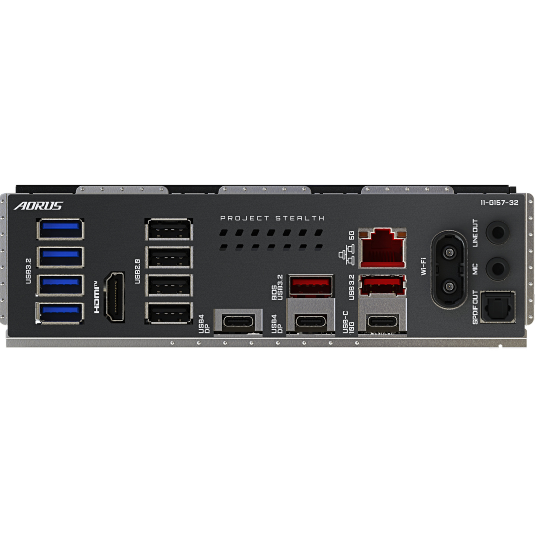 Panel trasero de placa base con múltiples puertos: USB, HDMI, Ethernet, Wi-Fi, Audio.