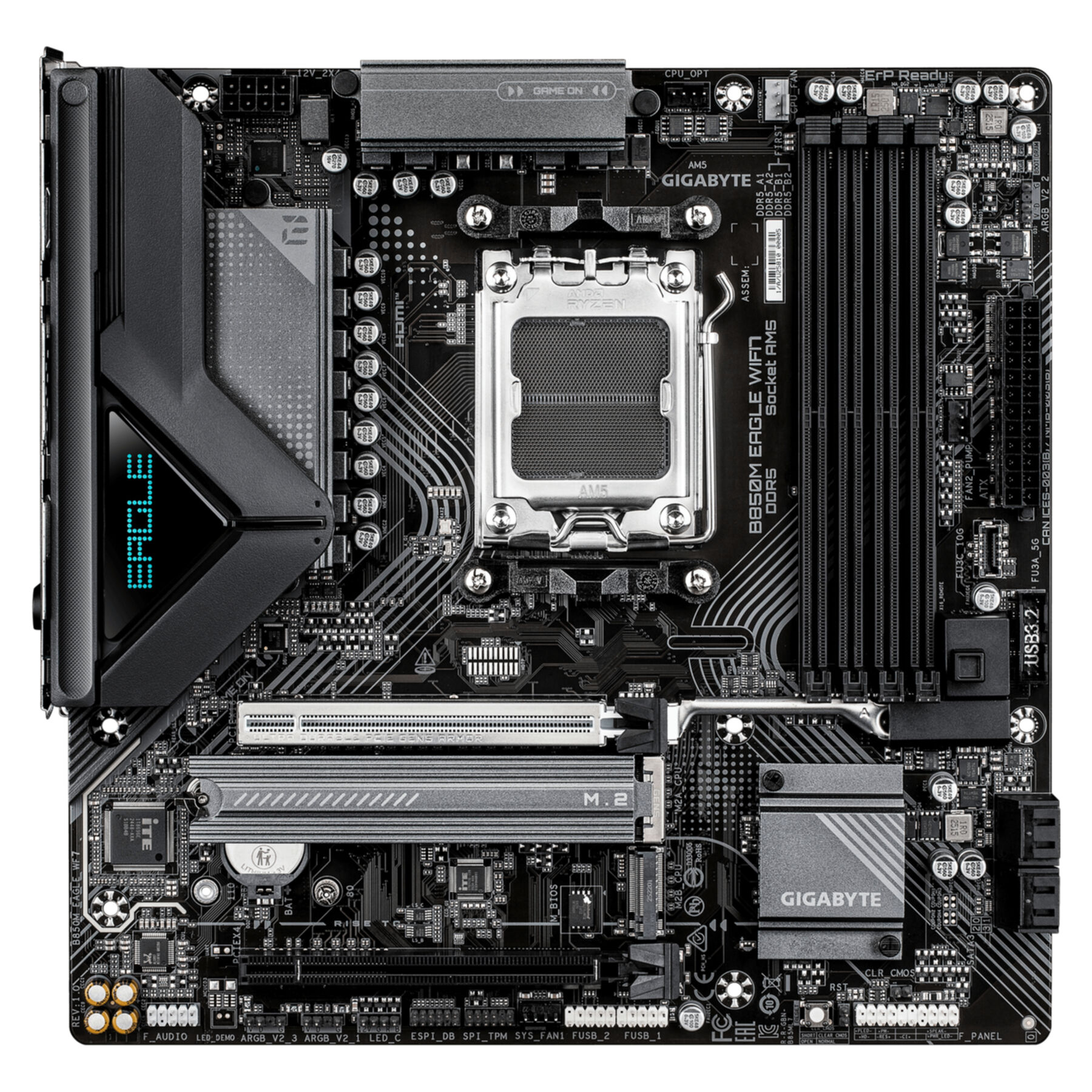 Una placa base negra AMD B850M Eagle WiFi AM5 con zócalo de CPU, ranuras RAM y conectores.