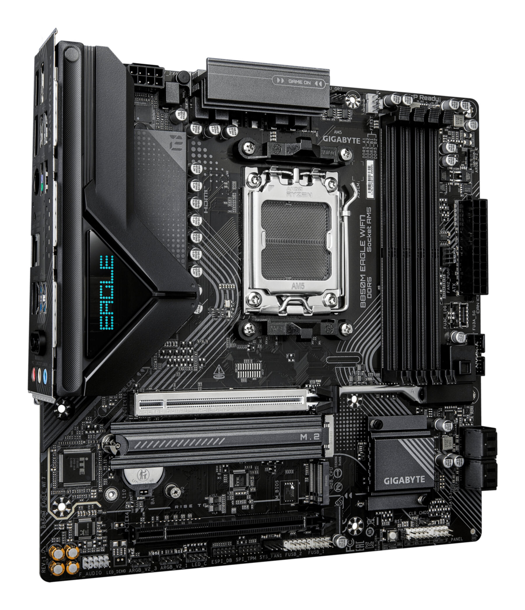Placa base Gigabyte AM5 B850M negra con zócalo de CPU, ranuras RAM y ranura M.2.