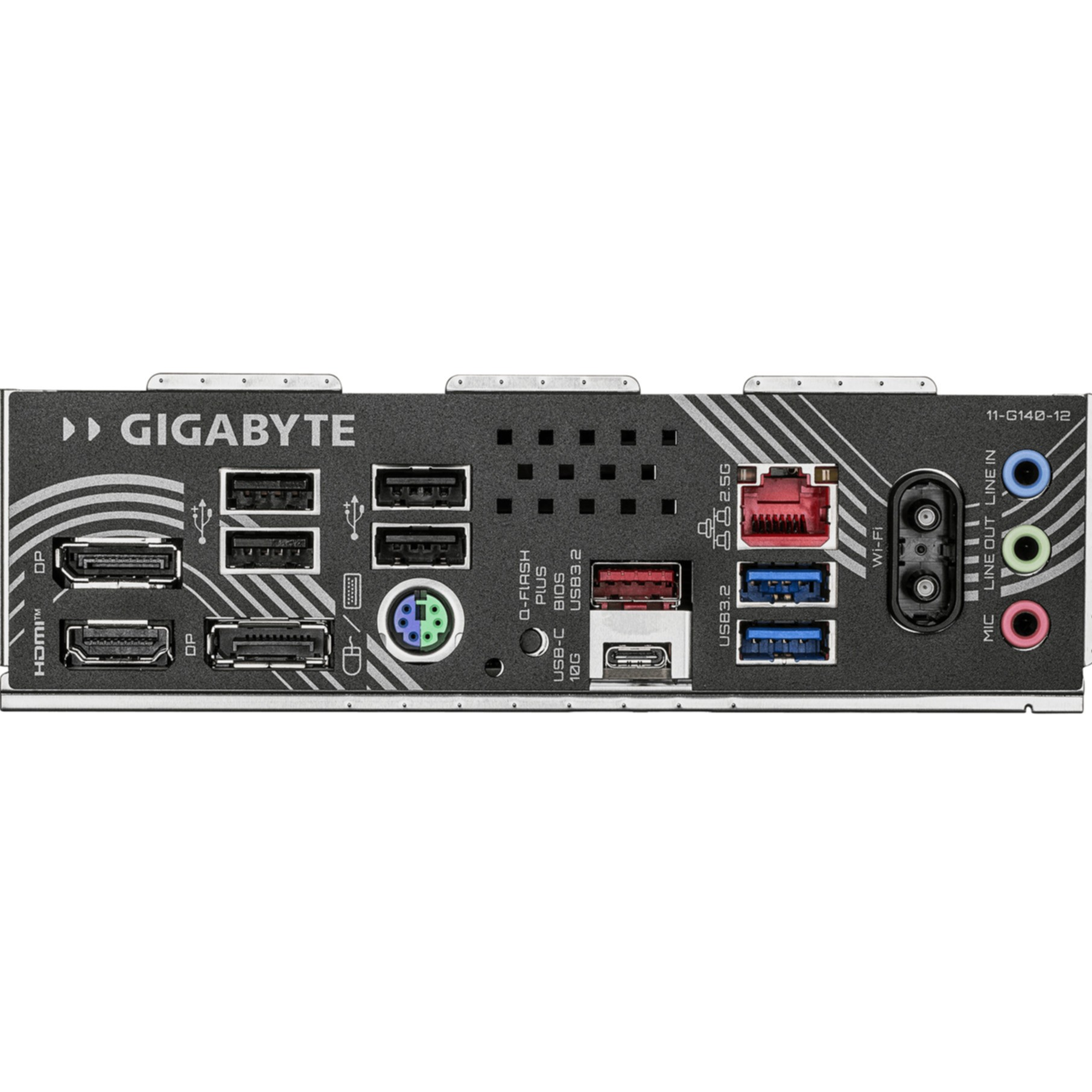 Puertos de placa base Gigabyte: HDMI, DP, USB, Audio, Wi-Fi, Ethernet.