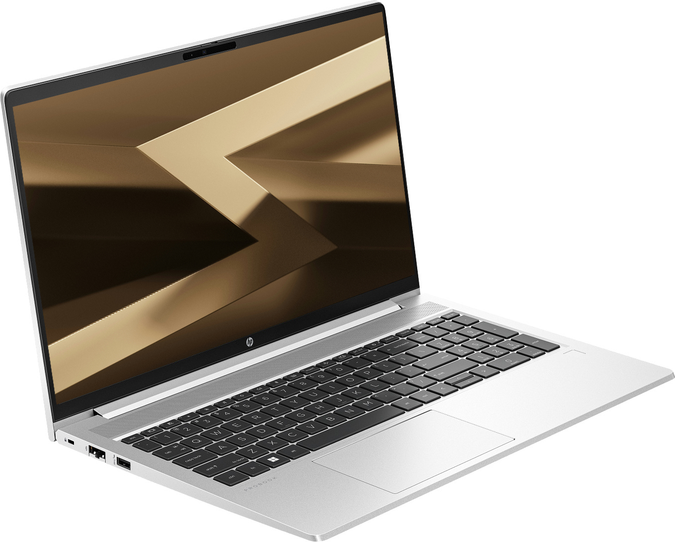 Gümüş HP ProBook dizüstü bilgisayar, siyah klavye ve altın soyut ekran arka planı.