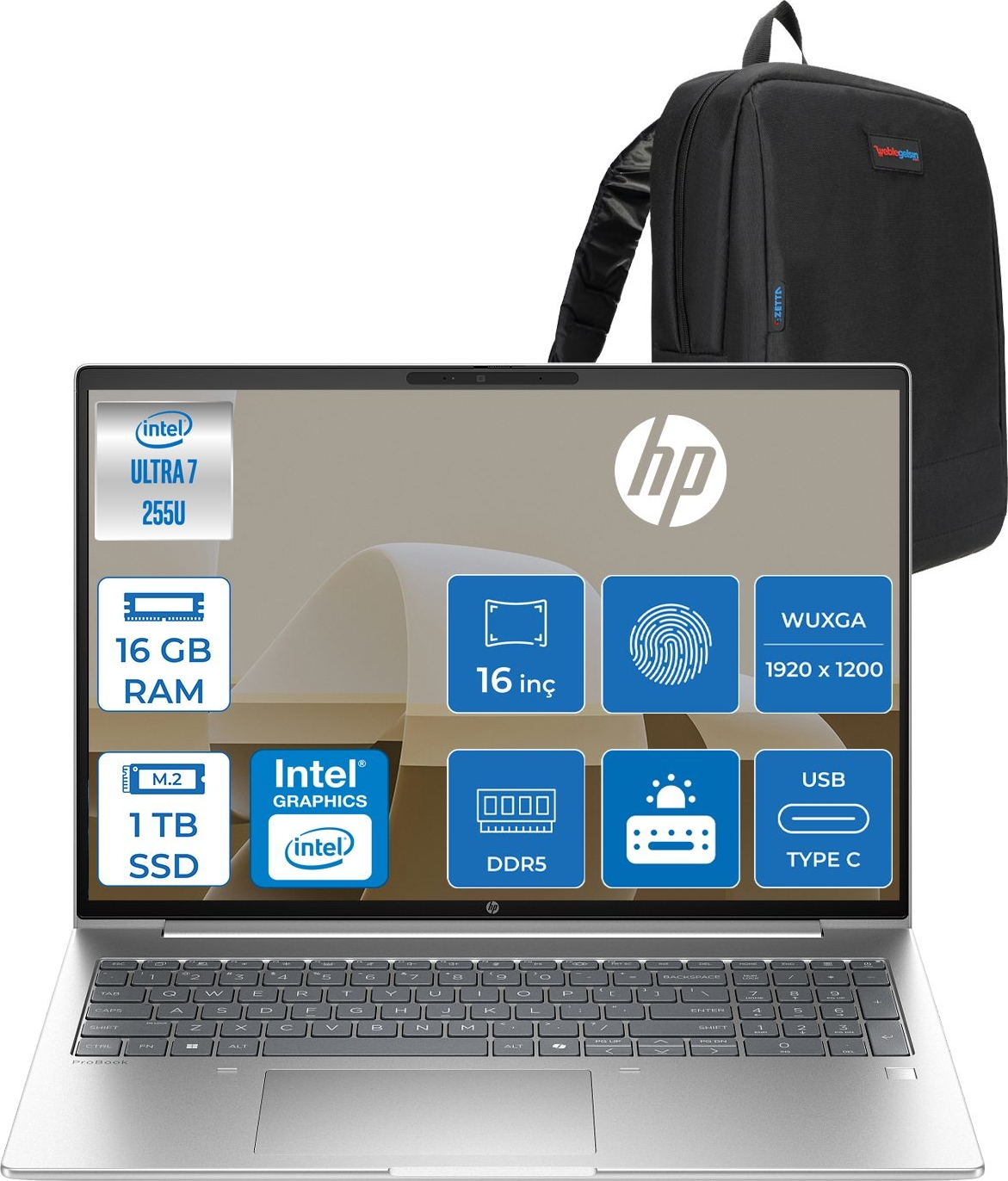 HP ProBook 4 G1I Intel Grafik GPU 1920X1200 D21P2ETF03 Intel Core Ultra 7 255U 16 GB RAM 1 TB SSD 16 inç FreeDOS Laptop+Çanta Siyah