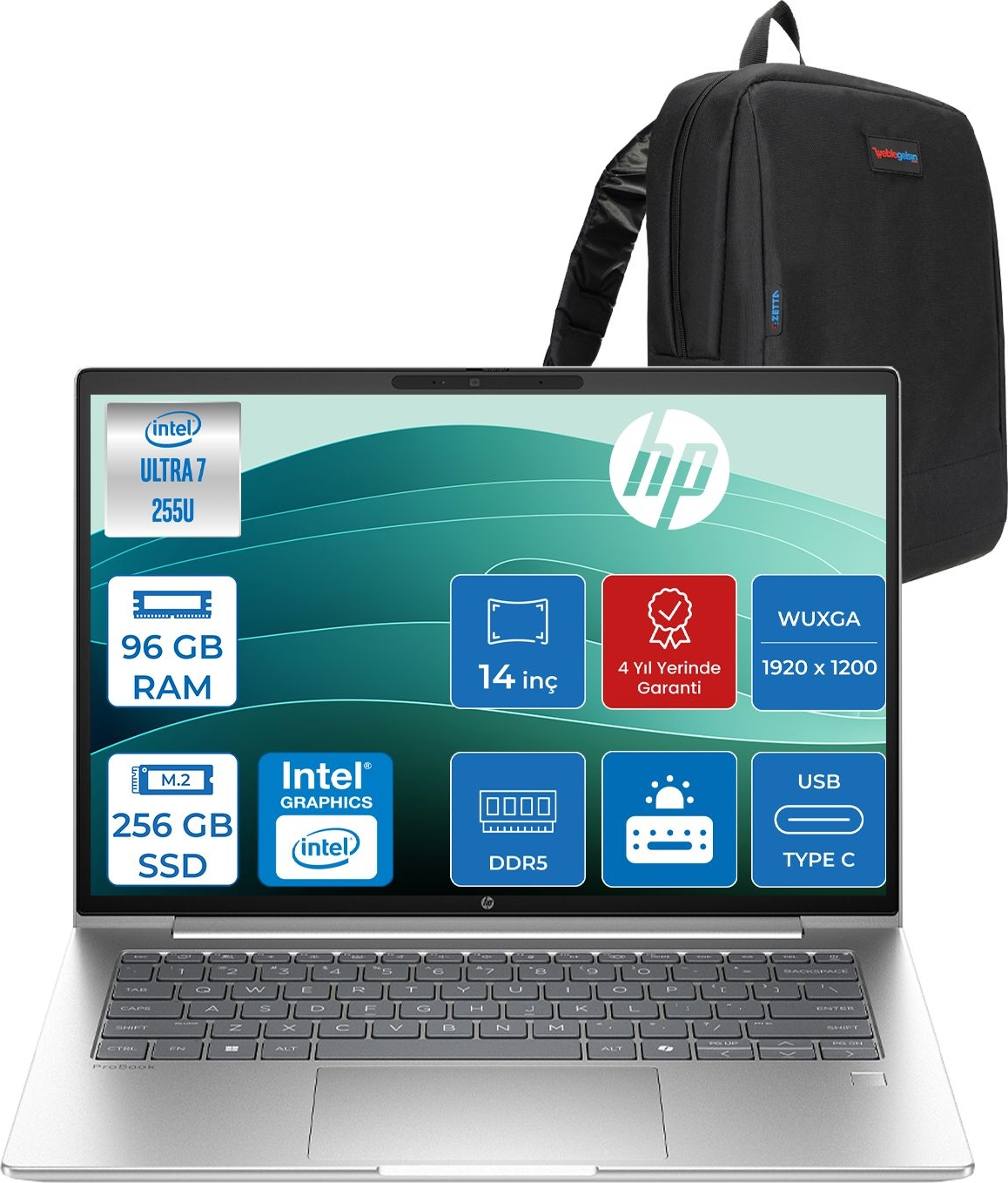 HP ProBook 4 G1I Grafik 300 Nits 1920 x 1200 D03KGETF31 Intel Core Ultra 7 255U 96 GB RAM 256 GB SSD 14 inç FreeDOS Laptop+Çanta Siyah