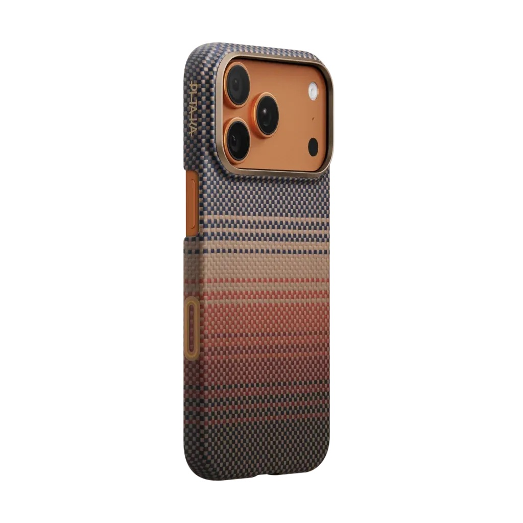 Una custodia per telefono con strisce verticali blu, beige e arancioni, con modulo fotocamera.