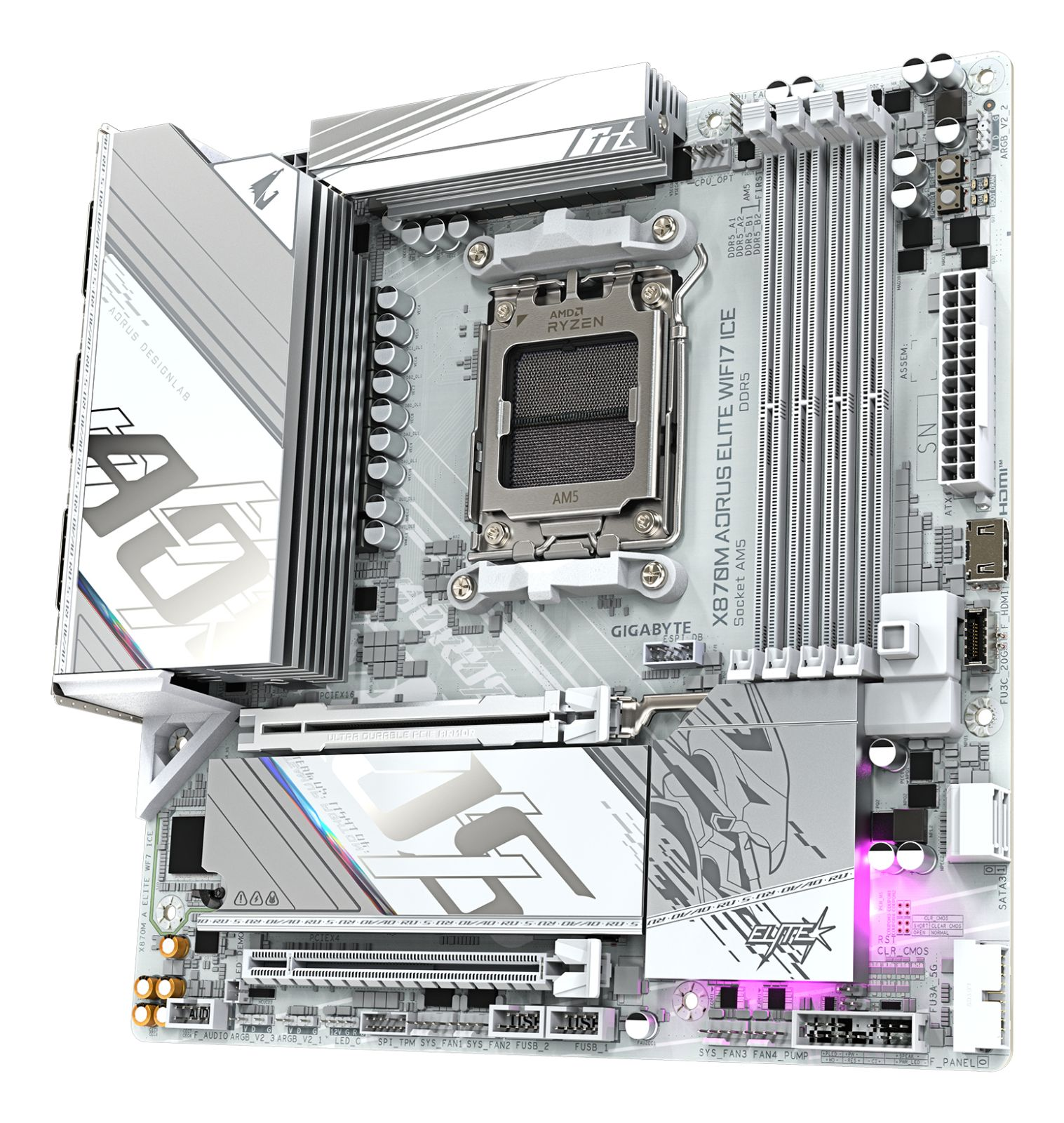 White and silver motherboard with AM5 Ryzen CPU socket, DDR5 slots, and PCIe slots.